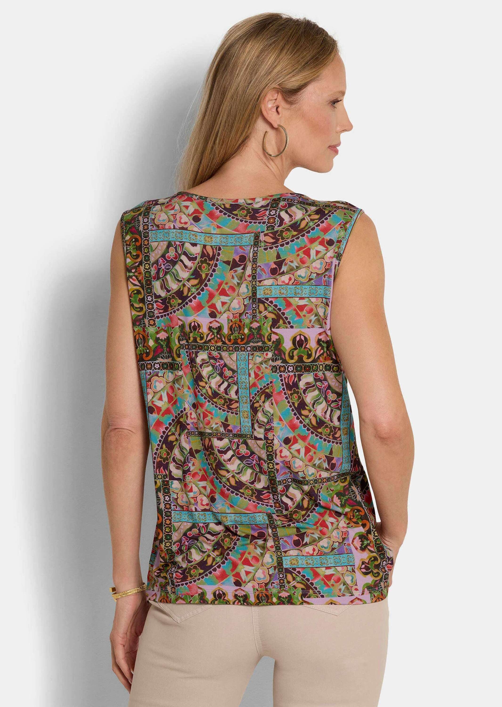 GOLDNER Shirttop Kurzgröße: Viskoseshirt mit Muster-Mix Stretchshirt mit Rundhals, goldenen Pailletten und breiten Trägern