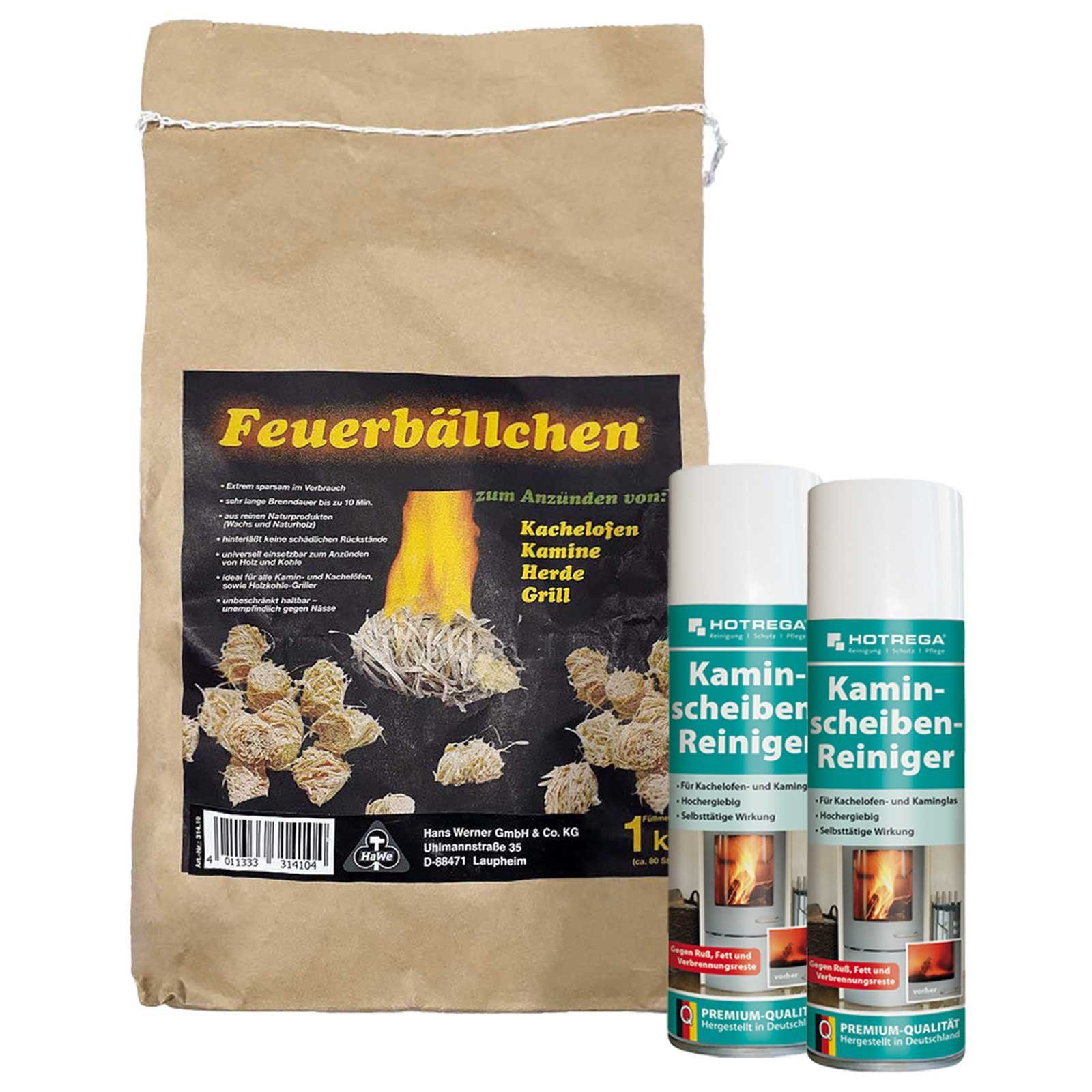 HOTREGA® Kaminscheibenreiniger Ofenreiniger Ruß Harz 2x300ml +1kg Kaminanzünder Glasreiniger