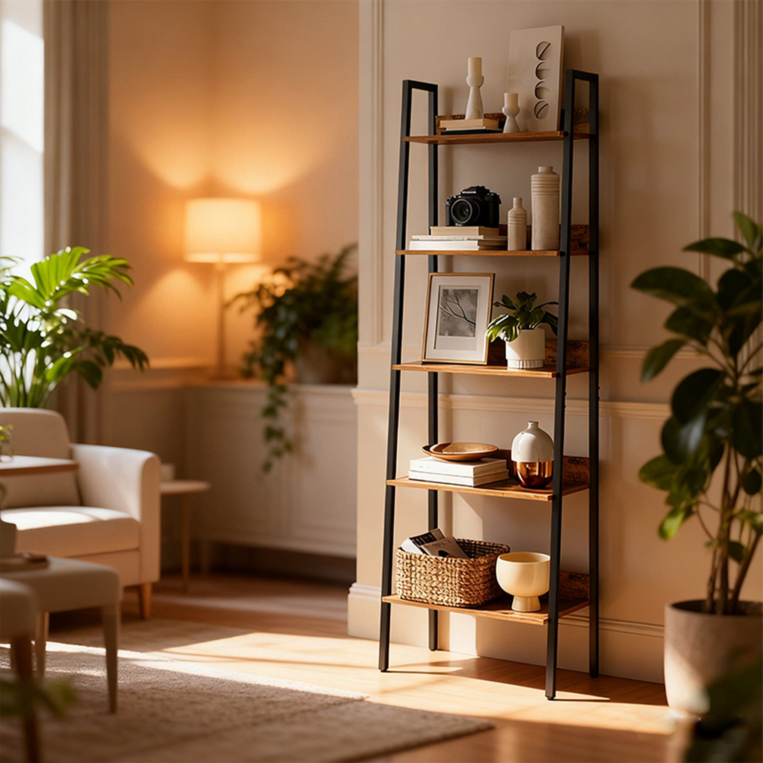 relaxdays Leiterregal Standregal mit 5 Ablagen, Vintagebraun