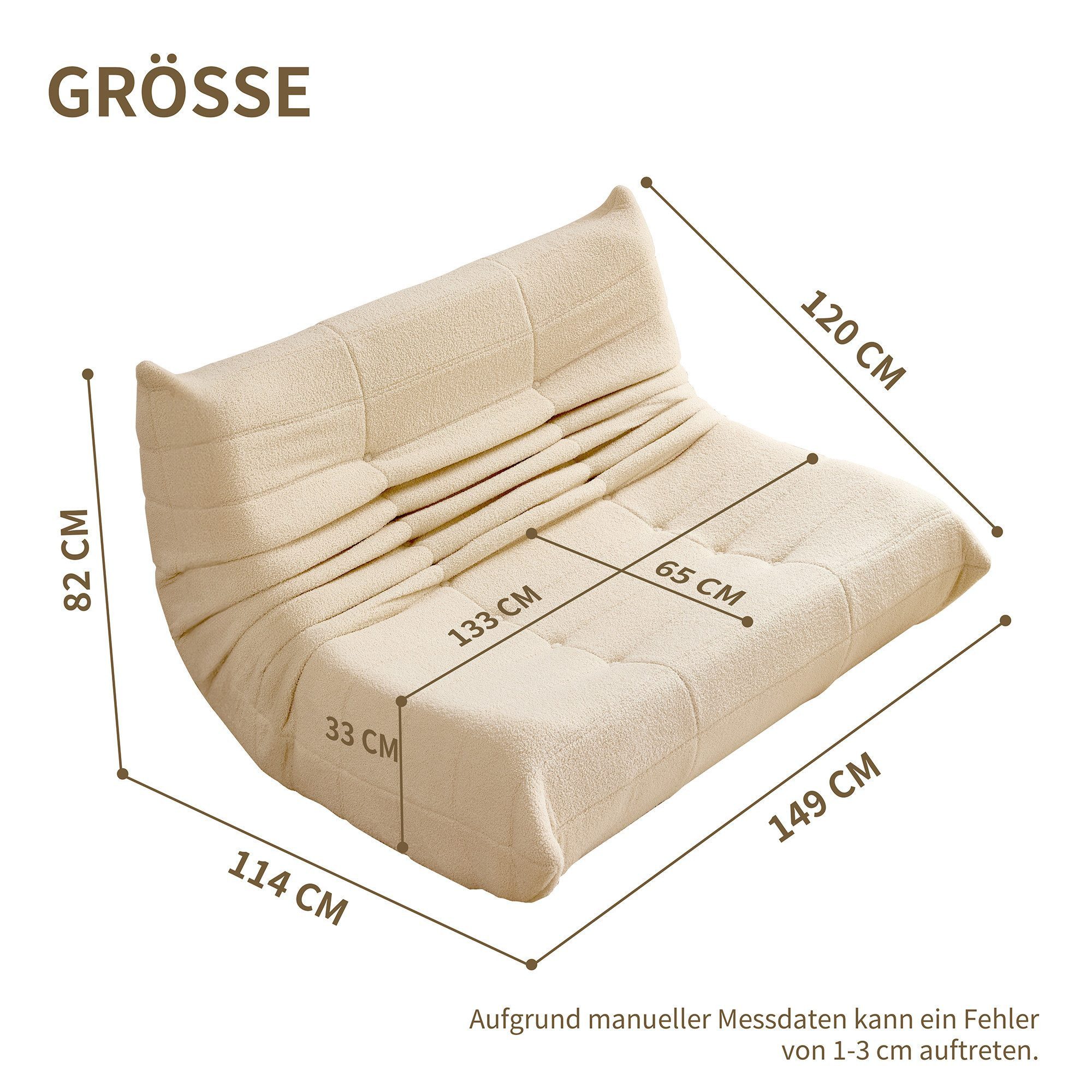 HAUSS SPOLE Sitzsack 2-Sitzer Lazy-Sofa mit Rückenstützung,modernes Design,Wohnzimmer Beige (1 St), Relaxsessel Polstermöbel – Bild 4 von 5
