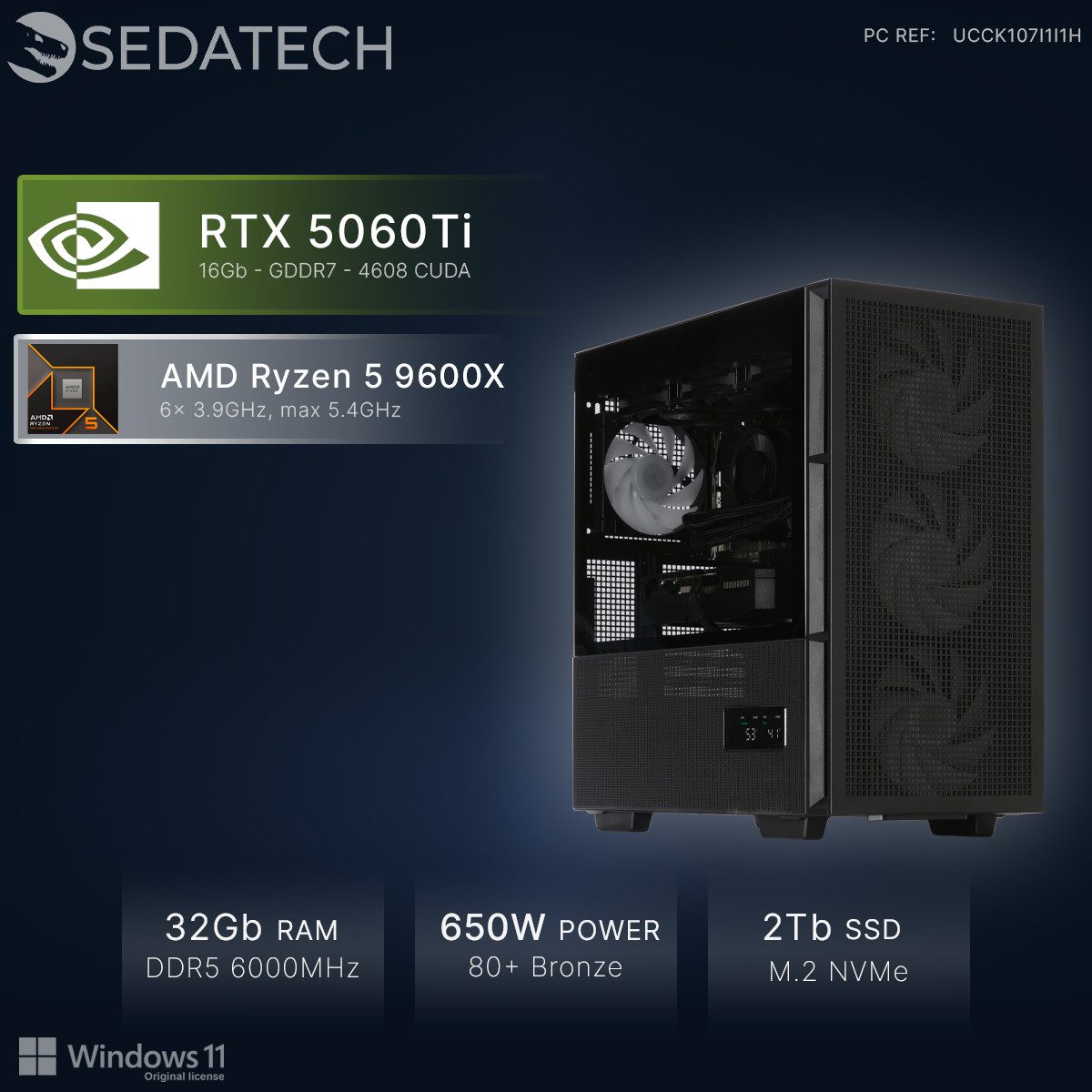 Sedatech UCCK107I1I1HF - Watercooling Gaming-PC (AMD Ryzen 5 9600X 6x 3.9GHz (max 5.4GHz), Geforce RTX5060Ti (16G) 16GB, 32 GB RAM, 2000 GB SSD, Watercooling, Wlan 7)