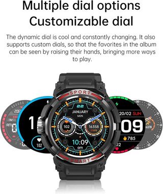 CISIYOO Smartwatch (1,43 Zoll, Android, iOS), mit Herzfrequenz, Blutdruck, Blutsauerstoff, Schlaf, IP67 Wasserdichte