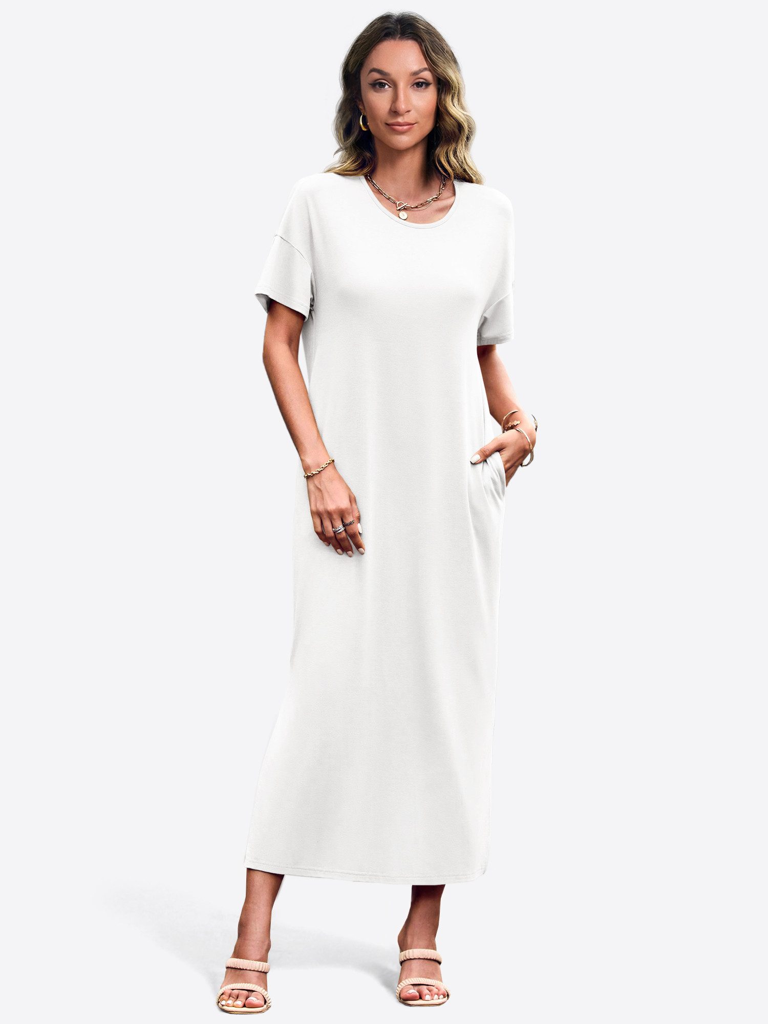 Imily Bela Maxikleid Damen Sommerliches T-Shirt Kleider (Packung, 1-tlg., 1per-Pack) Einfarbig