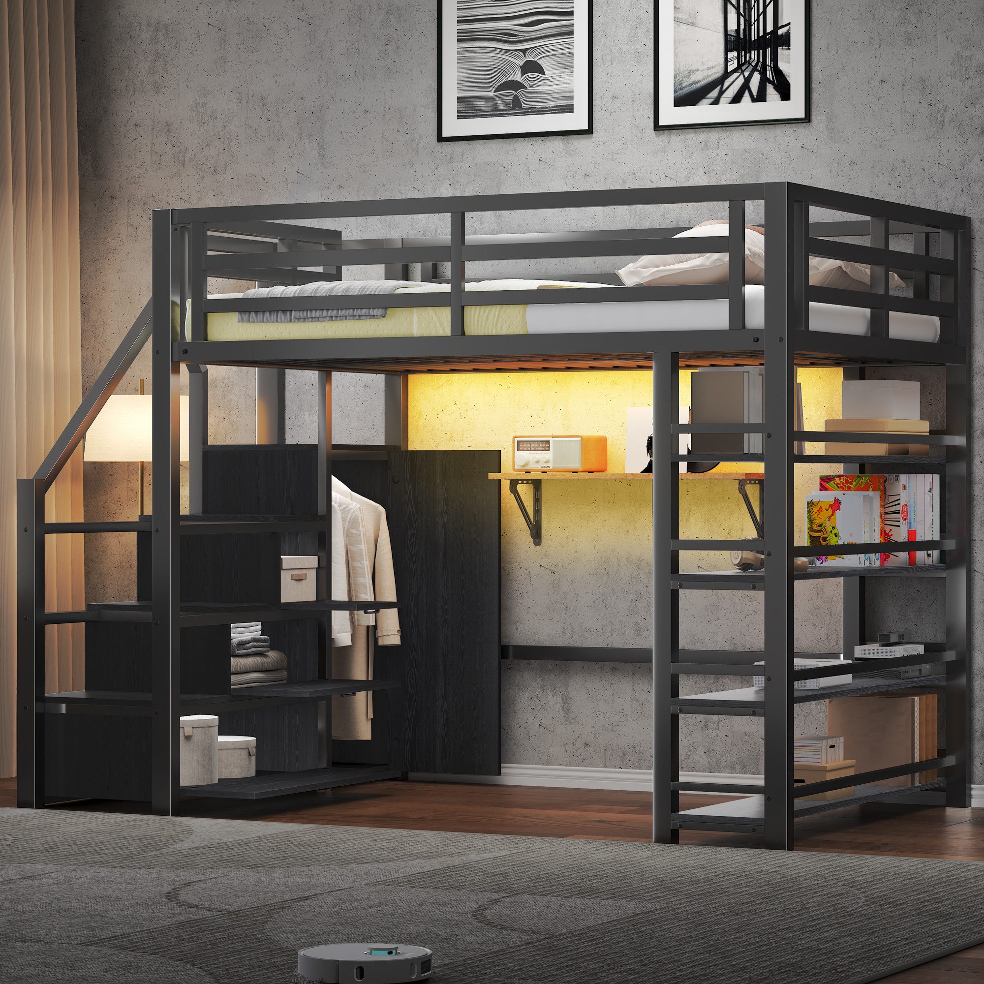 Merax Hochbett 140x200cm mit LED-Beleuchtung (255 × 145,5 × 170 cm, 1-St., Etagenbett Jugendbett Einzelbett) Metallbett Kinderbett mit Kleiderschrank, Regalen, Treppe & Stauraum