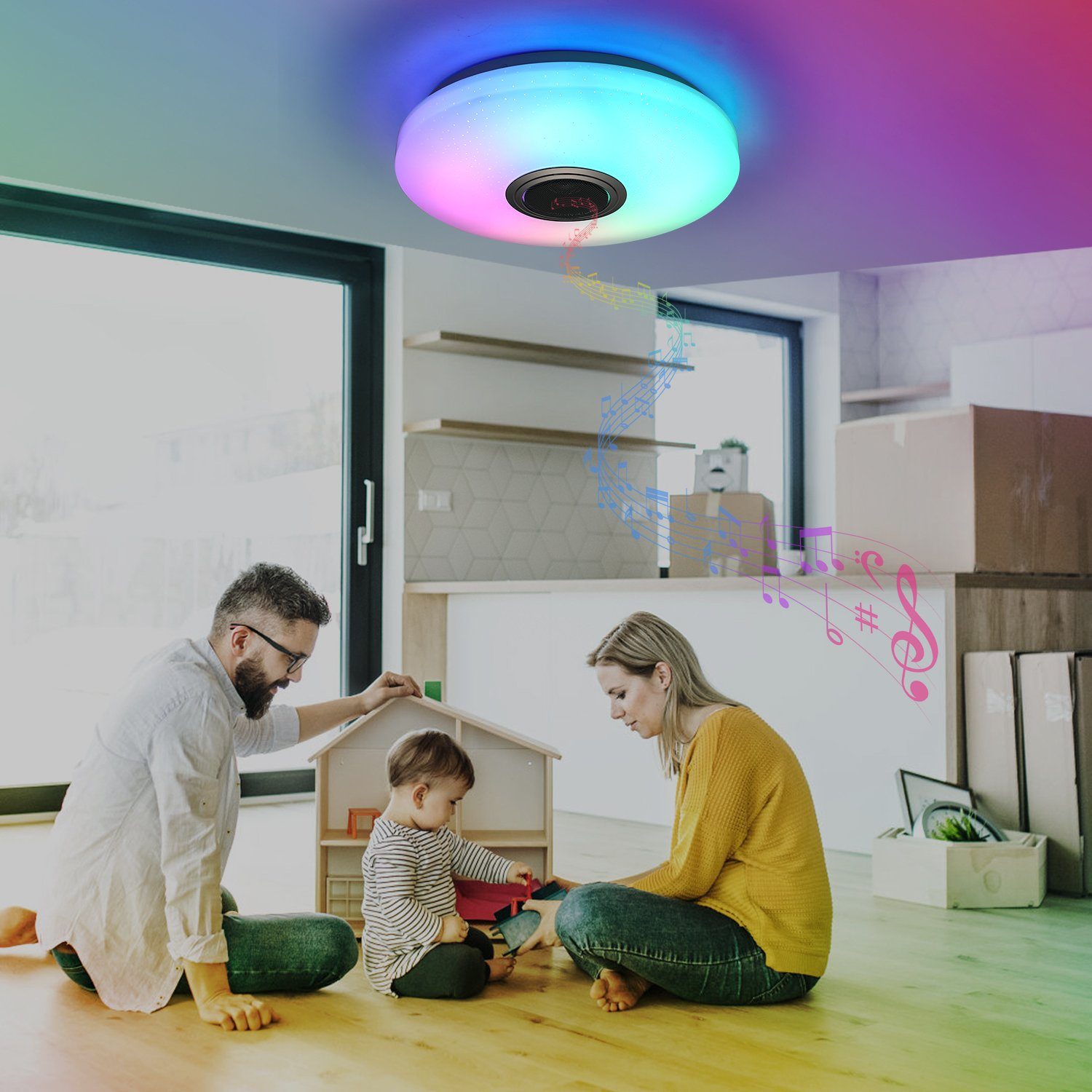 Deckenleuchte Google LETGOSPT Deckenlampe + RGB, RGB fest mit Kaltweiß/Naturweiß/Warmweiß und LED Amazon Alexa mit WIFI Dimmbar, Lautsprecher, assistant integriert, 24W für