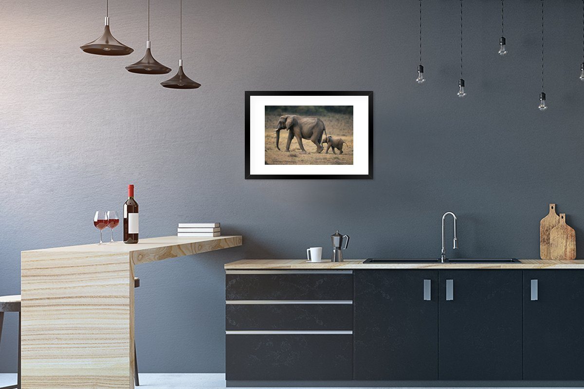 MuchoWow Poster Elefant - Tiere - Savanne - Natur, (1 St), mit Rahmen, Kunstdruck, Gerahmtes Poster, Schwarzem Bilderrahmen
