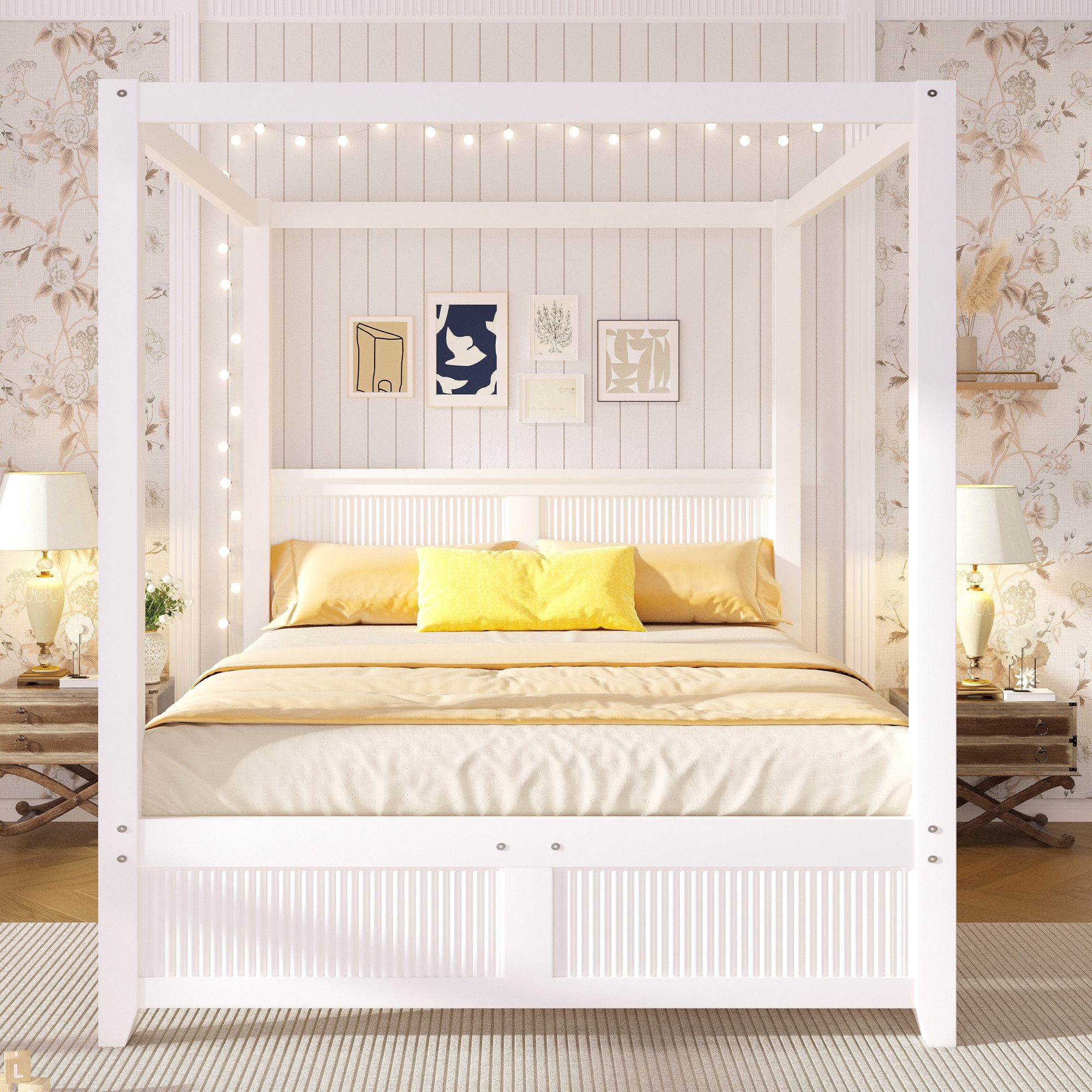 Ulife Himmelbett aus Holz mit dekorativem Dachrahmen, Weiß (2-tlg), 140*200cm
