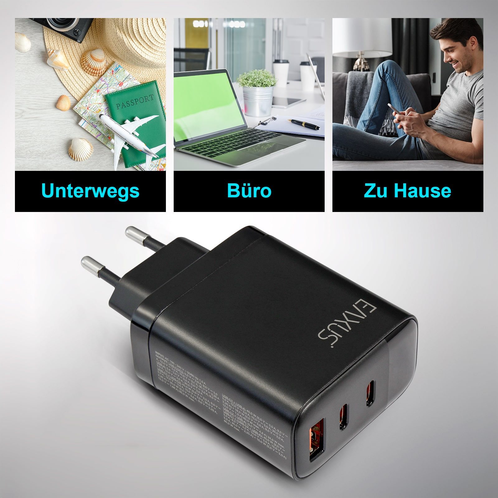 EAXUS 3-Port USB-C Netzteil 65 Watt mit Display - für iPhone, iPad, Handy Universal-Ladegerät (Schnellladegerät auch für Macbook & Laptop, Schwarz) – Bild 5 von 5