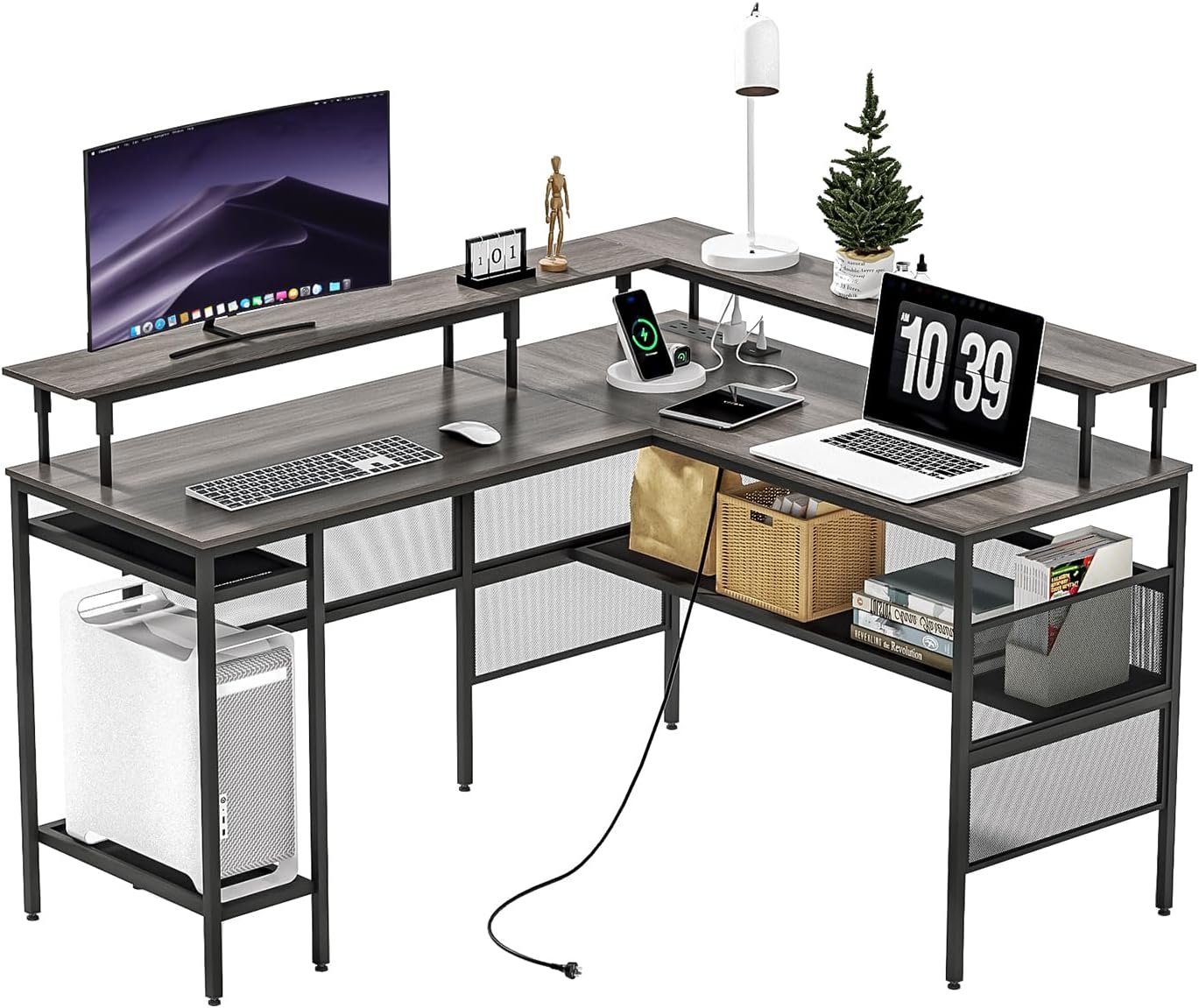 AMZCHEF Computertisch CE-SZ001-BK-OT (Eingebauter USB-Anschluss, Steckdose, Eingebaute grau in Materialien LED-Licht,Tische), Desktop-Qualität