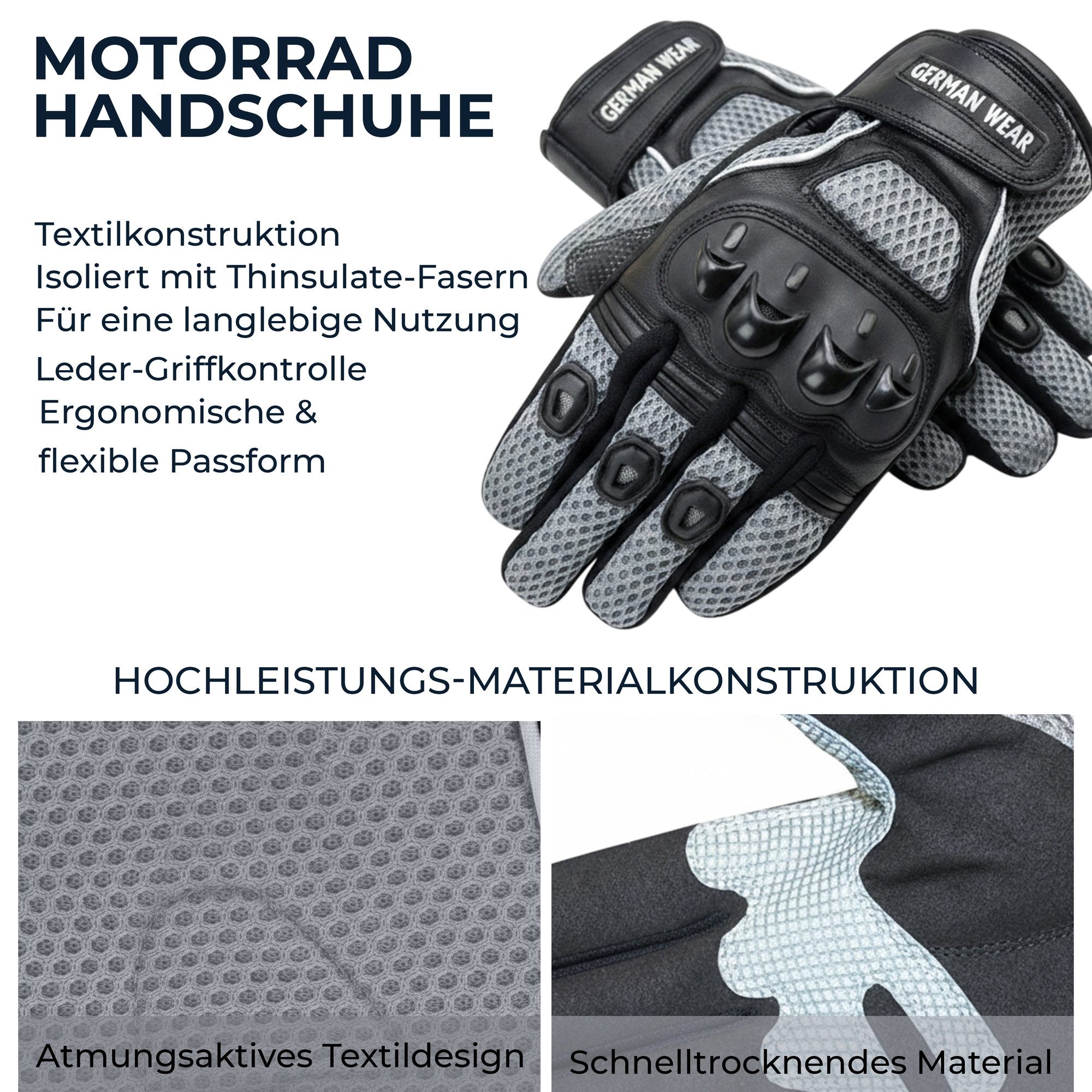German Wear Motorradhandschuhe GW400G-M9 Motocross Biker Handschuhe Leder- & Textilhandschuhe in 6 Farben – Bild 5 von 5