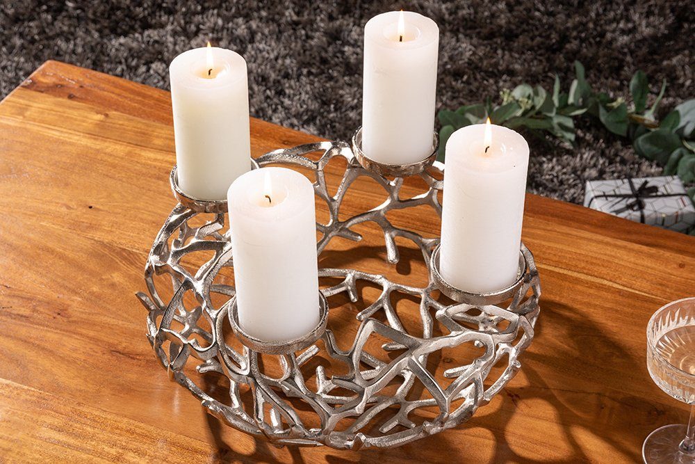 riess-ambiente Kerzenhalter ABSTRACT 38cm silber, Metall · Deko · Kranz aus Ästen · für 4 Kerzen · Wohnzimmer