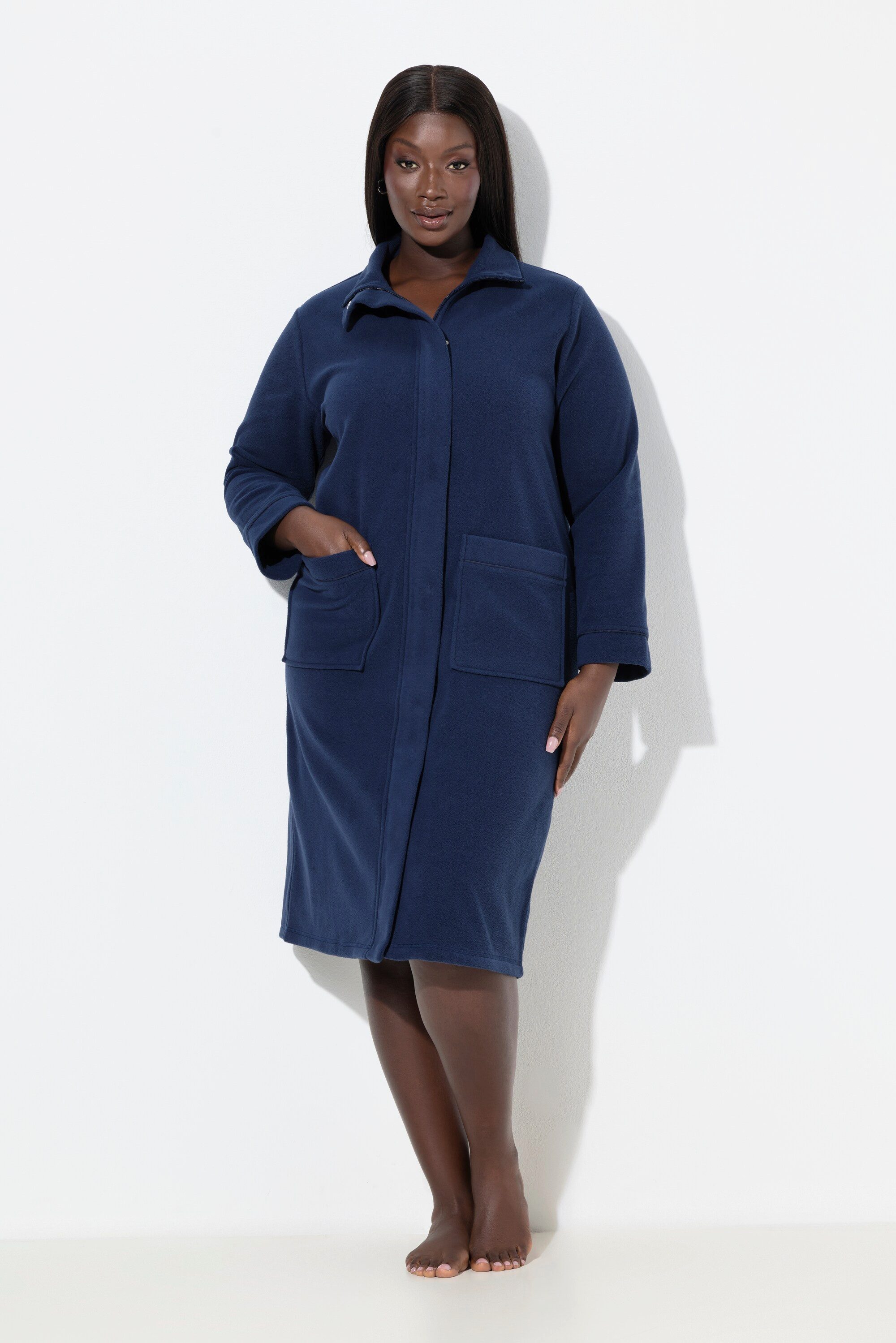 Ulla Popken Bademantel Fleece-Bademantel Stehkragen Reißverschluss, knielang, Materialmix