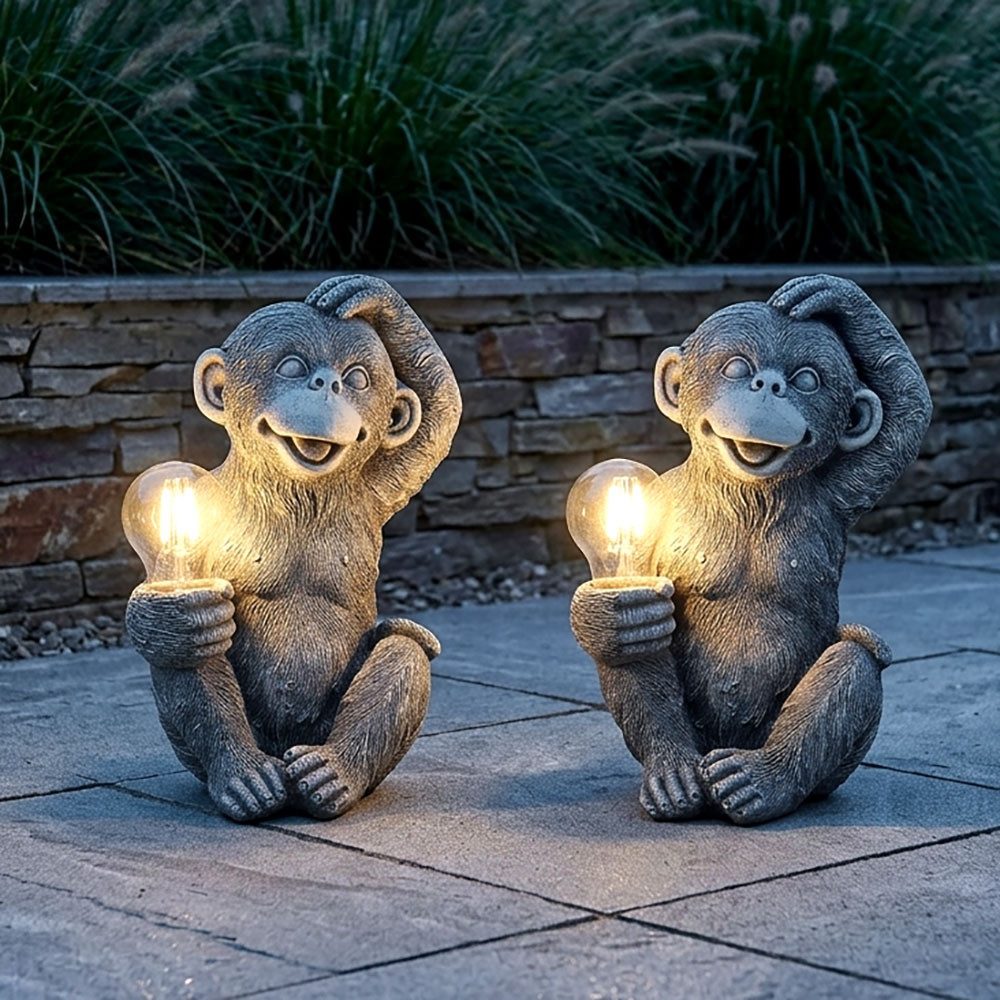 GLOBO LIGHTING LED Dekofigur, Leuchtmittel inklusive, Warmweiß, 2er Set Außen Solar LED Dekolampe Affe grau Gartenlampe Gartendeko