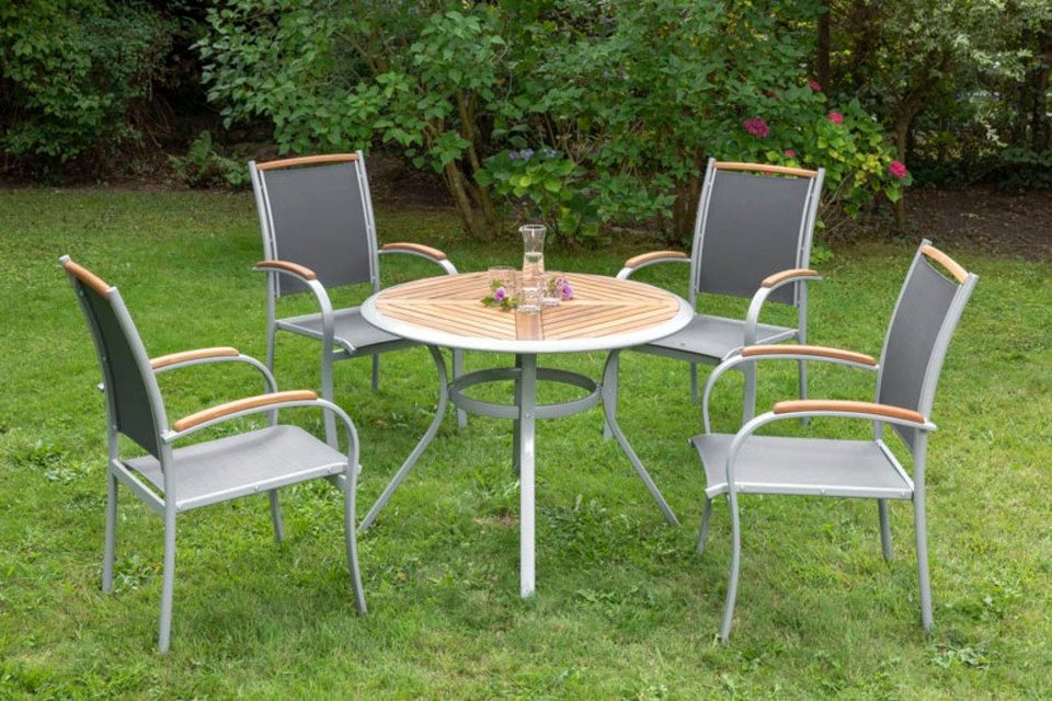 MERXX Garten-Essgruppe Siena, (Set, 5-tlg), 4 Sessel, stapelbar, Tisch Ø/ Höhe: 100x75 cm, Akazie geölt