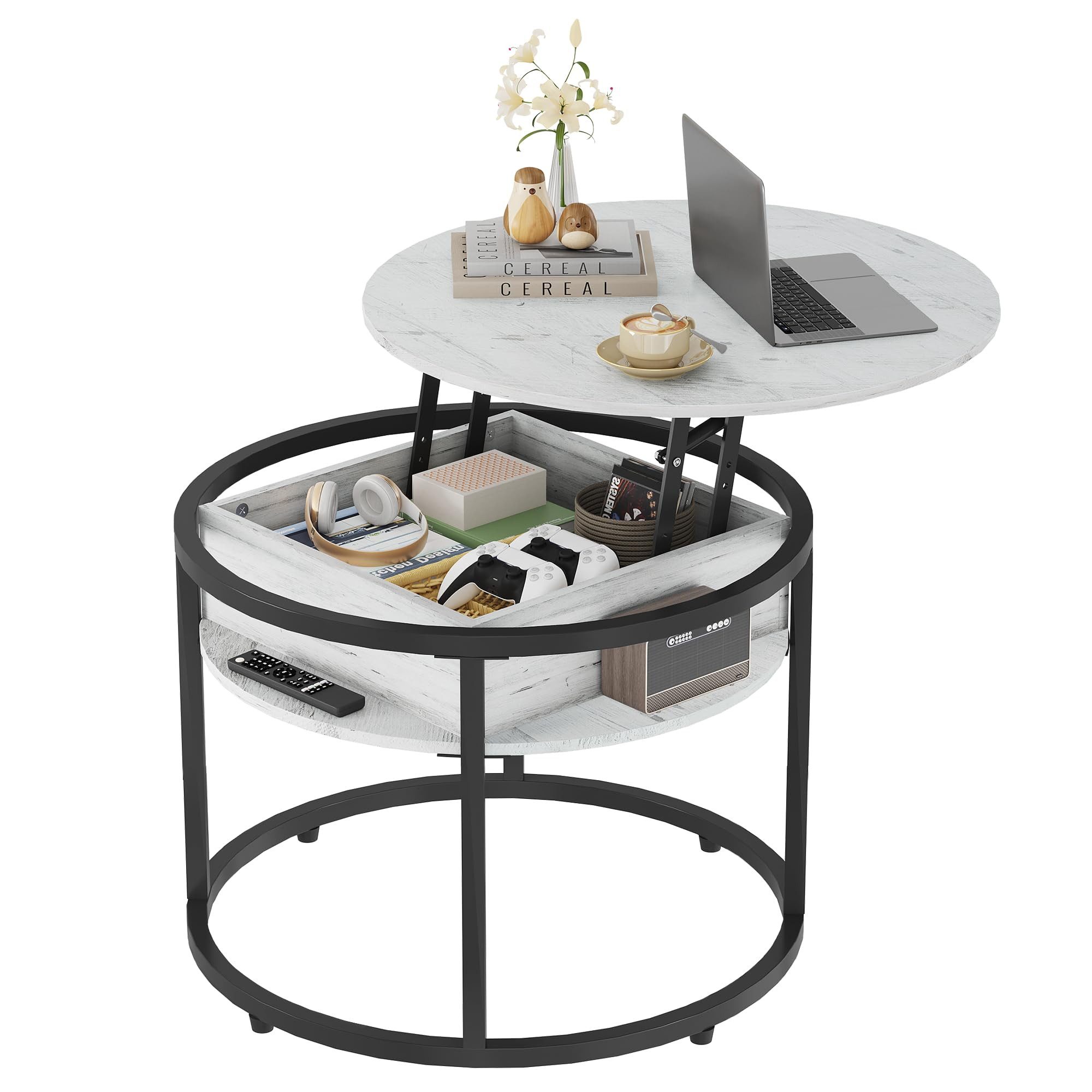 WLIVE Couchtisch Couchtisch Höhenverstellbarer Runder, 2-facher Stauraum & Ablage (Packung, 1 Tisch), Beistelltisch aus Holz & Metall, höhenverstellbar, 60 x 60 x 48-61 cm