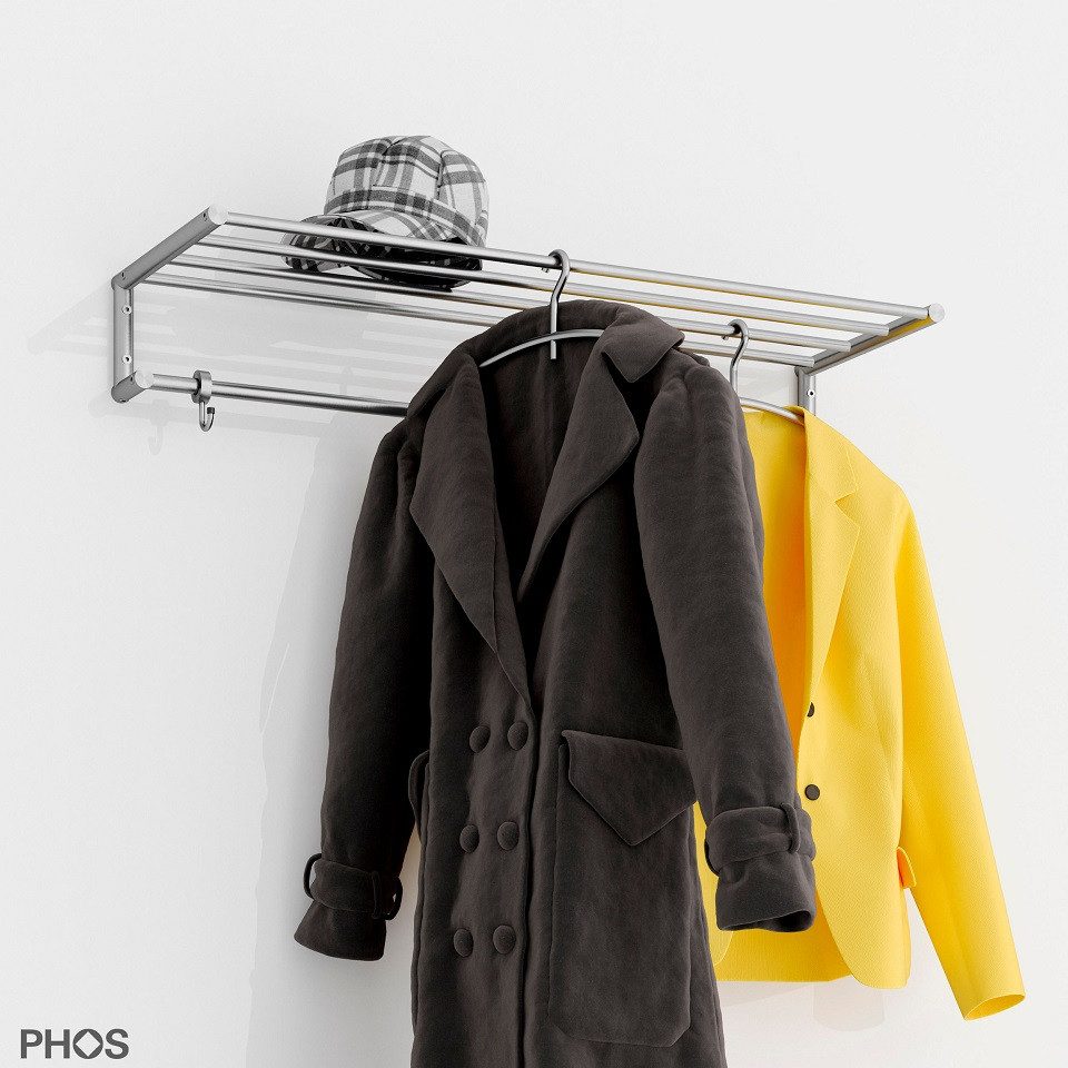 PHOS Design Wandgarderobe aus Edelstahl mit 5 Kleiderstangen (Modell: G18-500), - 100% Made in Germany