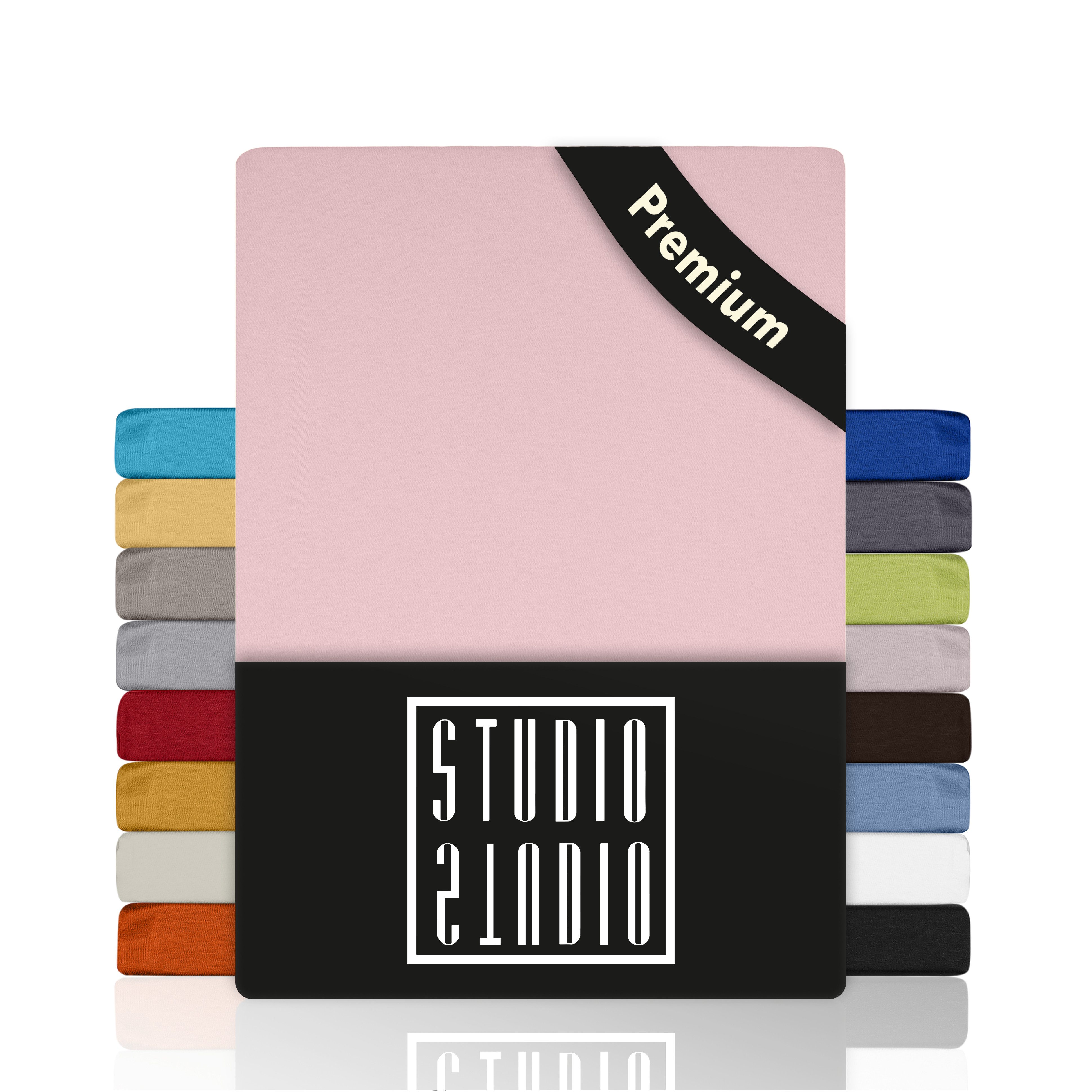 STUDIO Spannbettlaken Premium, 170 g/m², viele Größen, OEKO-TEX 100, Jersey, Gummizug: rundum, (1 Stück), 90x200 - 100x220cm Bettlaken Spannbetttuch bis 35cm Höhe Puder