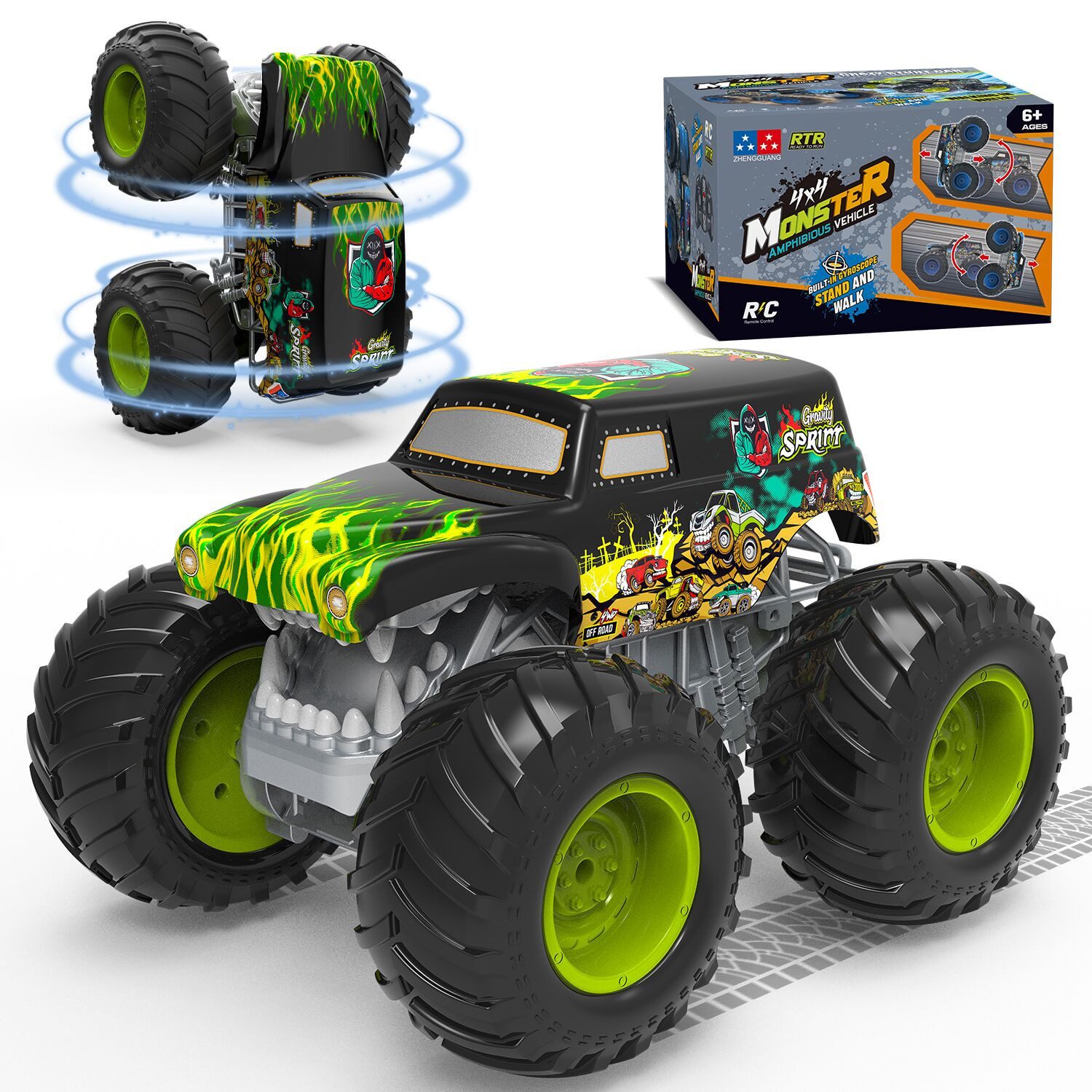 Esun RC-Auto Monster Truck Ferngesteuert mit Licht 360°Drehung Ferngesteuertes Auto (SET, 2.4GHz Ferngesteuerter Monstertruck), 1:16 Amphibienfahrzeug Ferngesteuerter Monstertruck