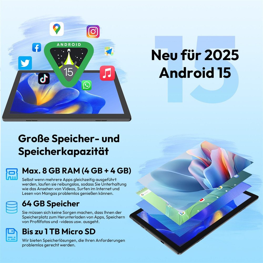 XGODY TAB N01 Tablet 10 Zoll, Android Tablet, 64GB ROM (TF 1TB), 5G WiFi Tablet (10.1", 64 GB, Android 15, 6000 mAh inkl. deutscher Bluetooth-Tastatur, Stift & Hülle – WiFi)