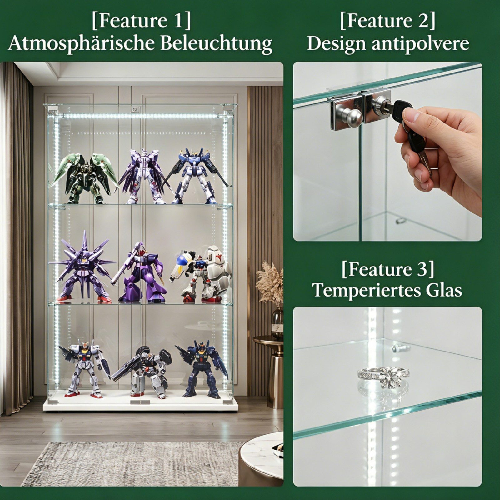 Simurq Glasvitrine Standvitrinen mit LED Beleuchtung Vitrinenschrank mit Glastür (glas vitrine mit 2 Glastür und 3 Lagen,Schloss,Kippsicherung) Sammlervitrine aus gehärtetes Glas,Modernes rahmenloses Design