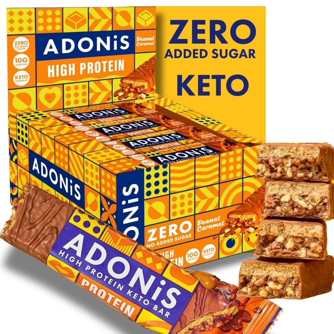 Adonis Keto High Protein Riegel 16x 45g Keto Snacks Vegan & 100% natürlich Kapseln, Low Carb Bar und Low Sugar Snack à