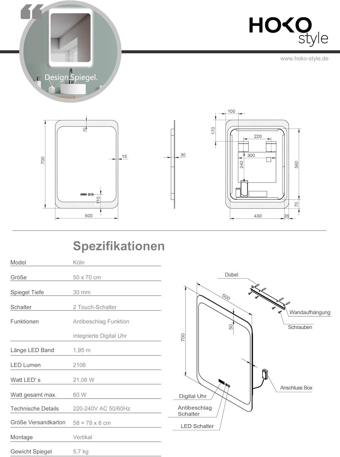 HOKO Badspiegel mit beleuchtung+Uhr+Antifog, 50x70/60x80/100*60 cm badezimmerspiegel (mit licht, Warmweiß - Kaltweiß - Neutral. Licht mit Touch Schalter und mit – Bild 5 von 5