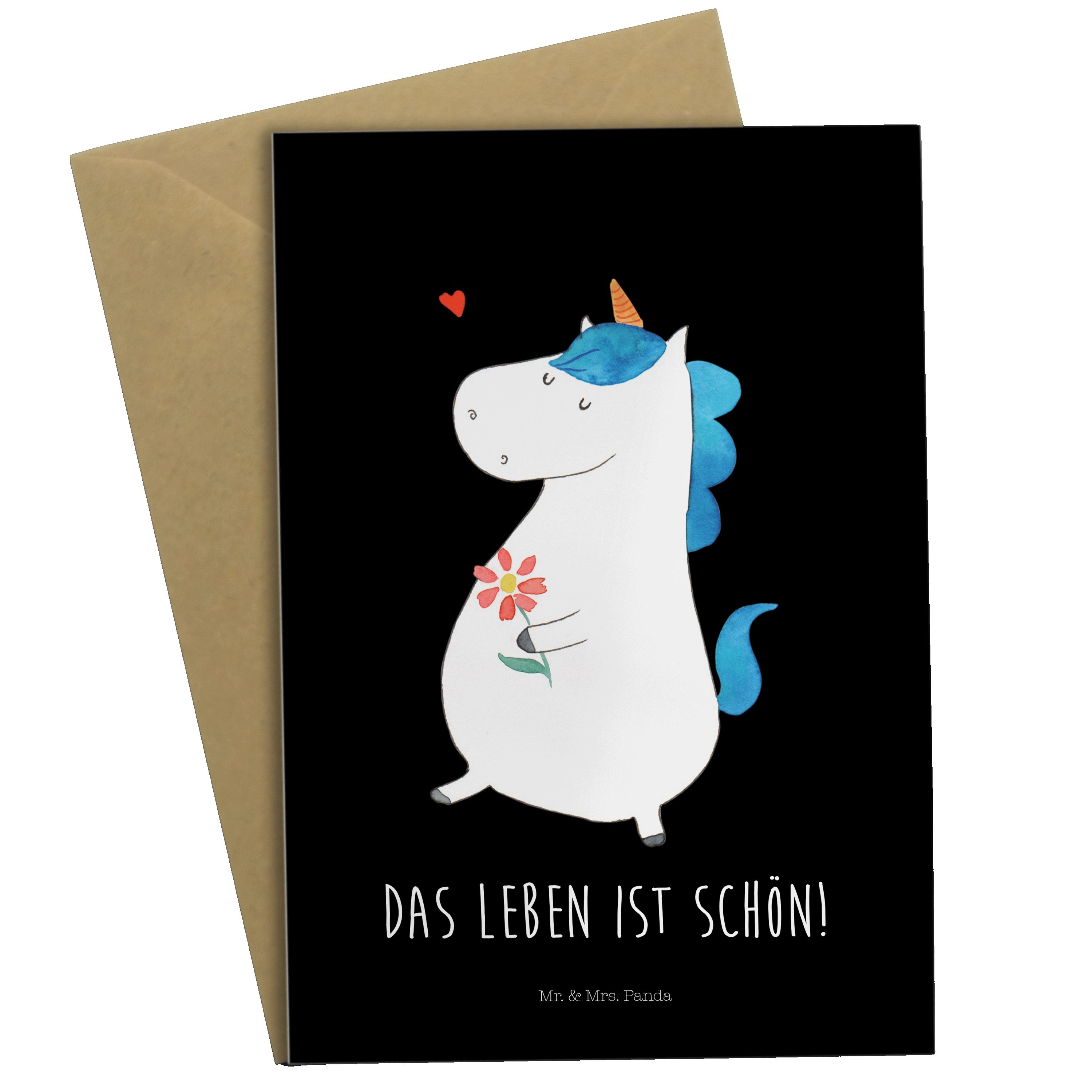 Mr. & Mrs. Panda Grußkarte Einhorn Spaziergang - Schwarz - Geschenk, Geburtstagskarte, Einhörner