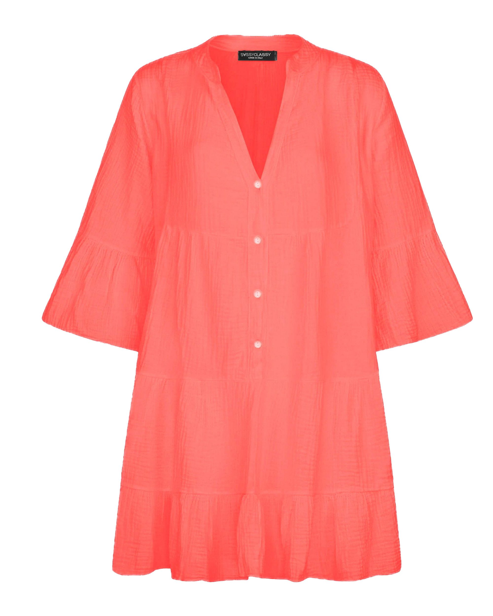 SASSYCLASSY Minikleid Musselin Sommer Kleid 3/4 Ärmel und Volants, 100 % Baumwolle, Made in Italy