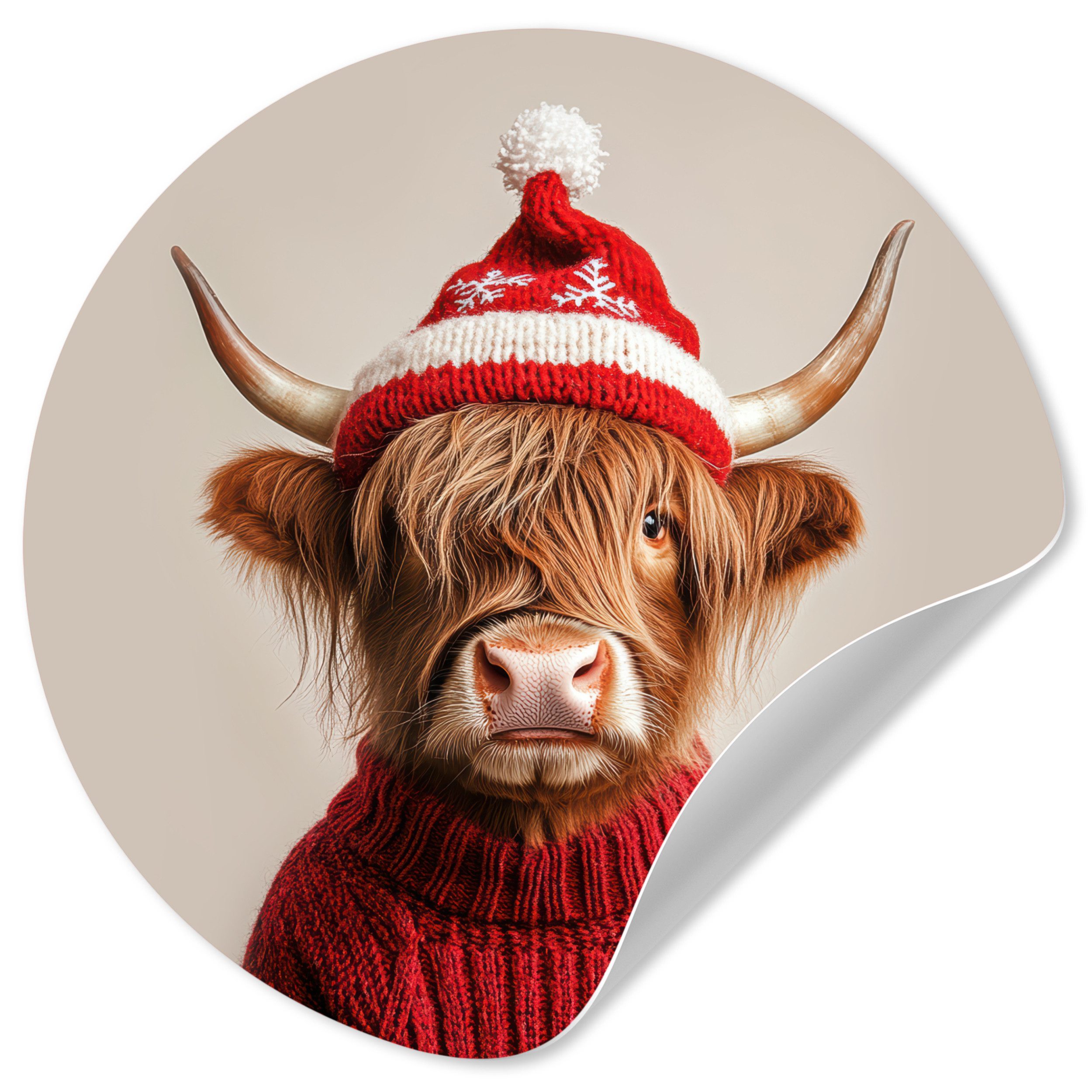 MuchoWow Wandsticker Schottischer Highlander - Weihnachten - Mütze - Pullover - Winter (1 St), Wandtattoo Selbstklebend, Wohnzimmer Deko Aufkleber, 30x30 cm