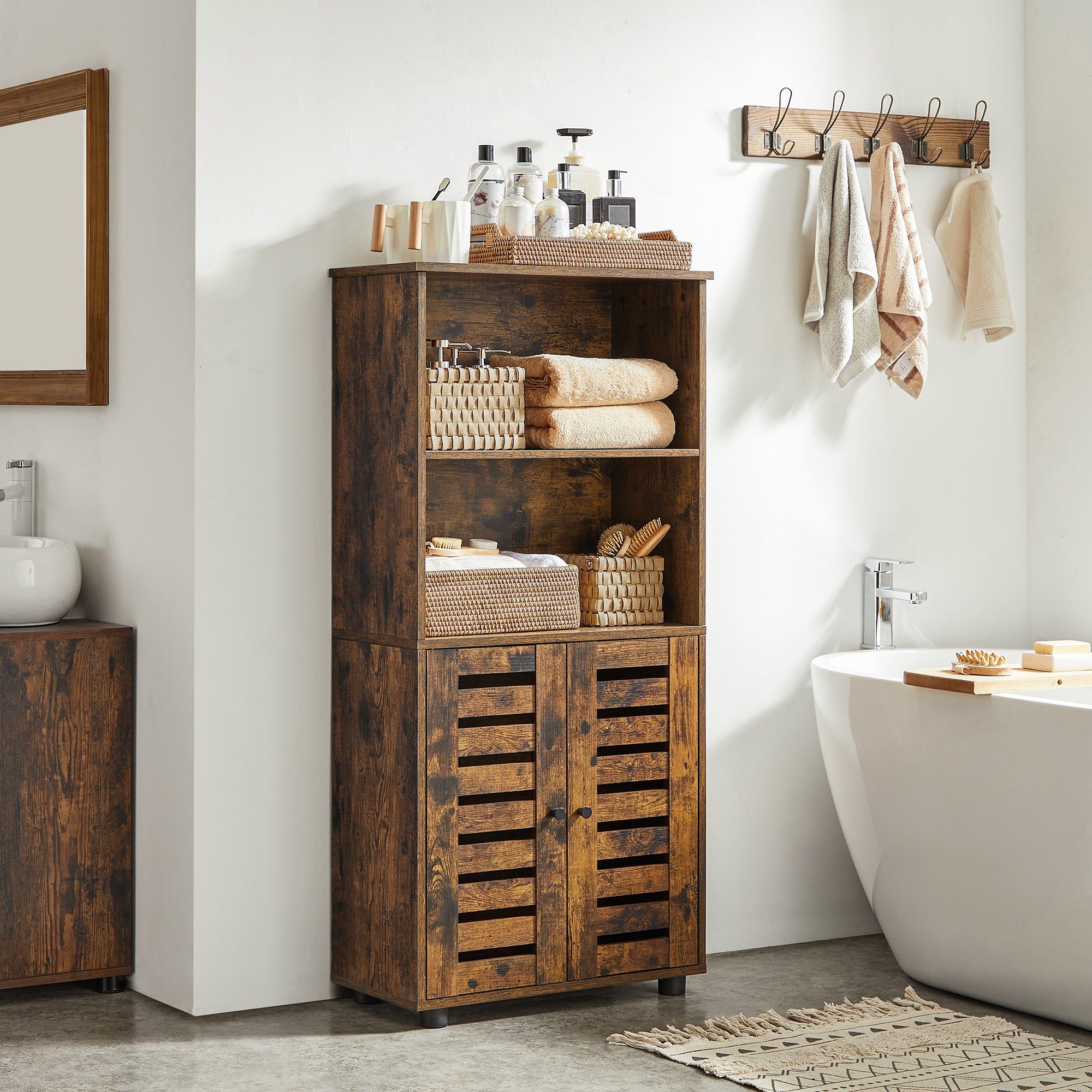 VASAGLE Highboard, Bücherschrank mit Lamellentüren, 2 offene Fächer