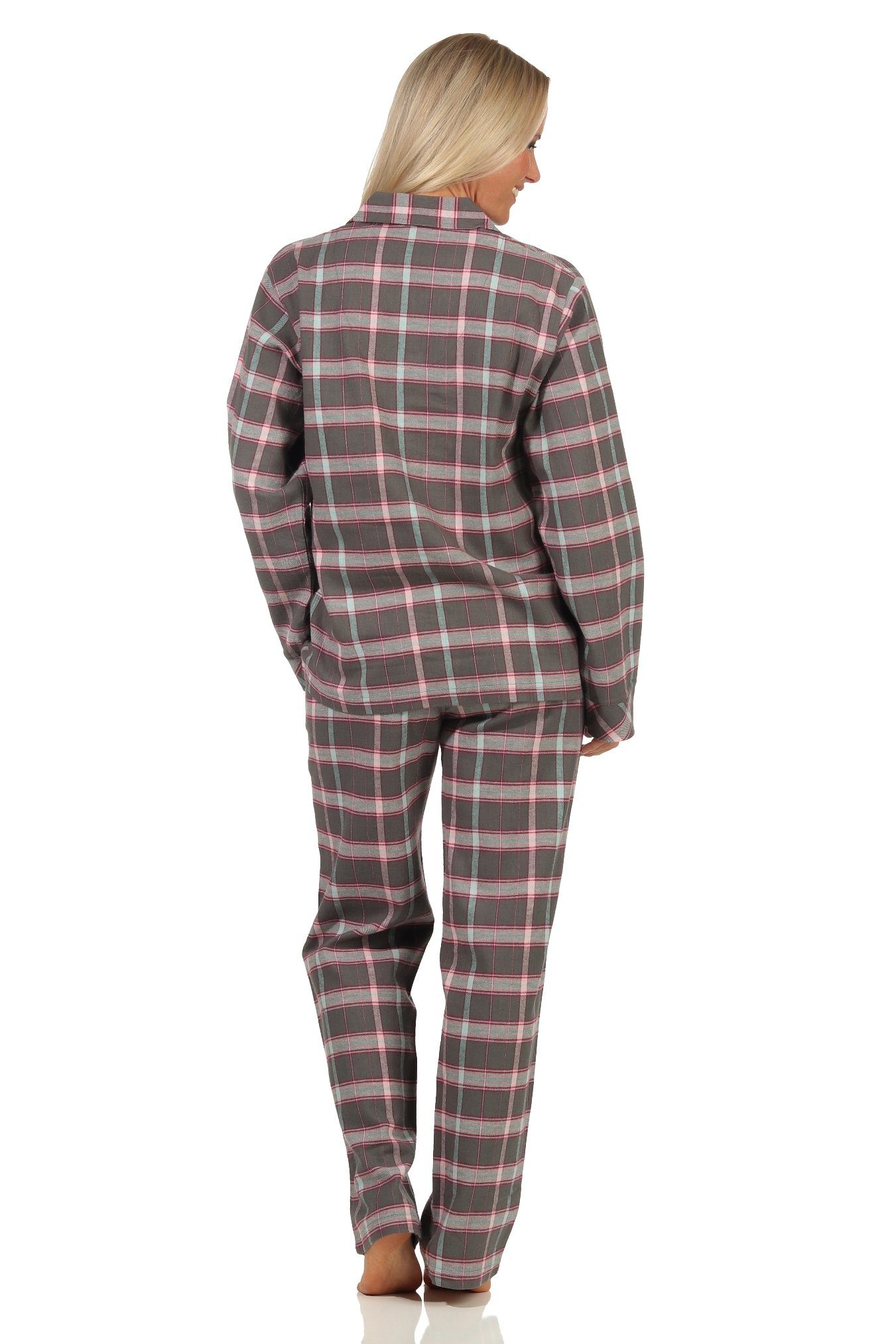 Creative by Normann Pyjama Damen Flanell Schlafanzug kariert mit Knopfleiste und Hemdkragen