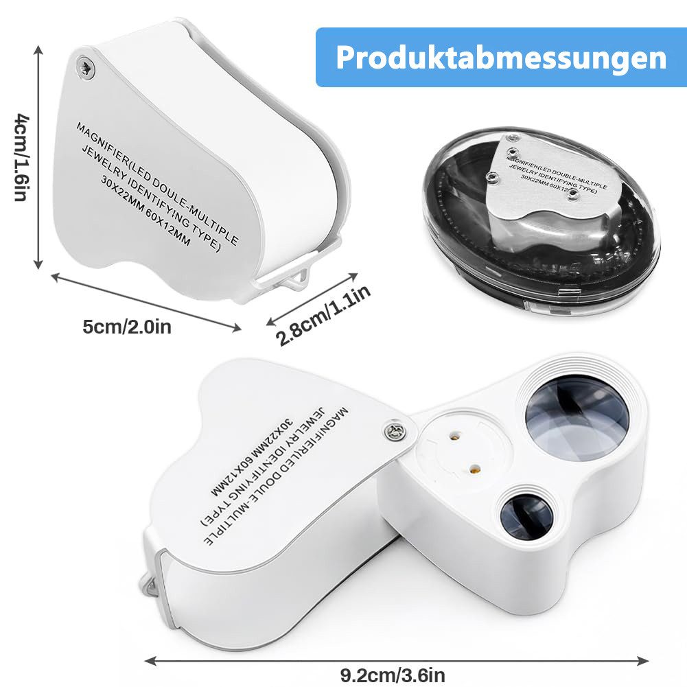 nsihing Lupenbrille Juwelier Lupe, 30X and 60X Vergrößerung, Metall Faltlupe mit LED, für Diamanten, Edelsteine, Schmuck, Briefmarken, Münzen – Bild 2 von 5