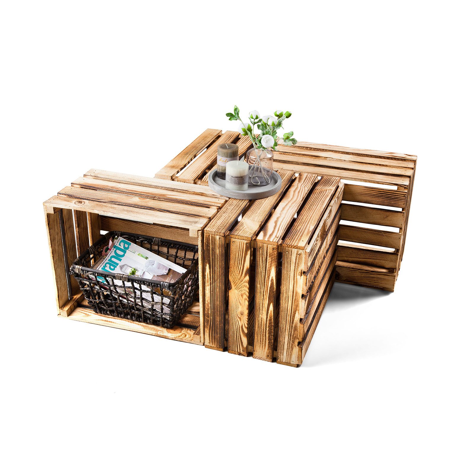 GrandBox Dekokiste Holz Kiste 50x40x30 cm geflammt Vintage (4er Set)