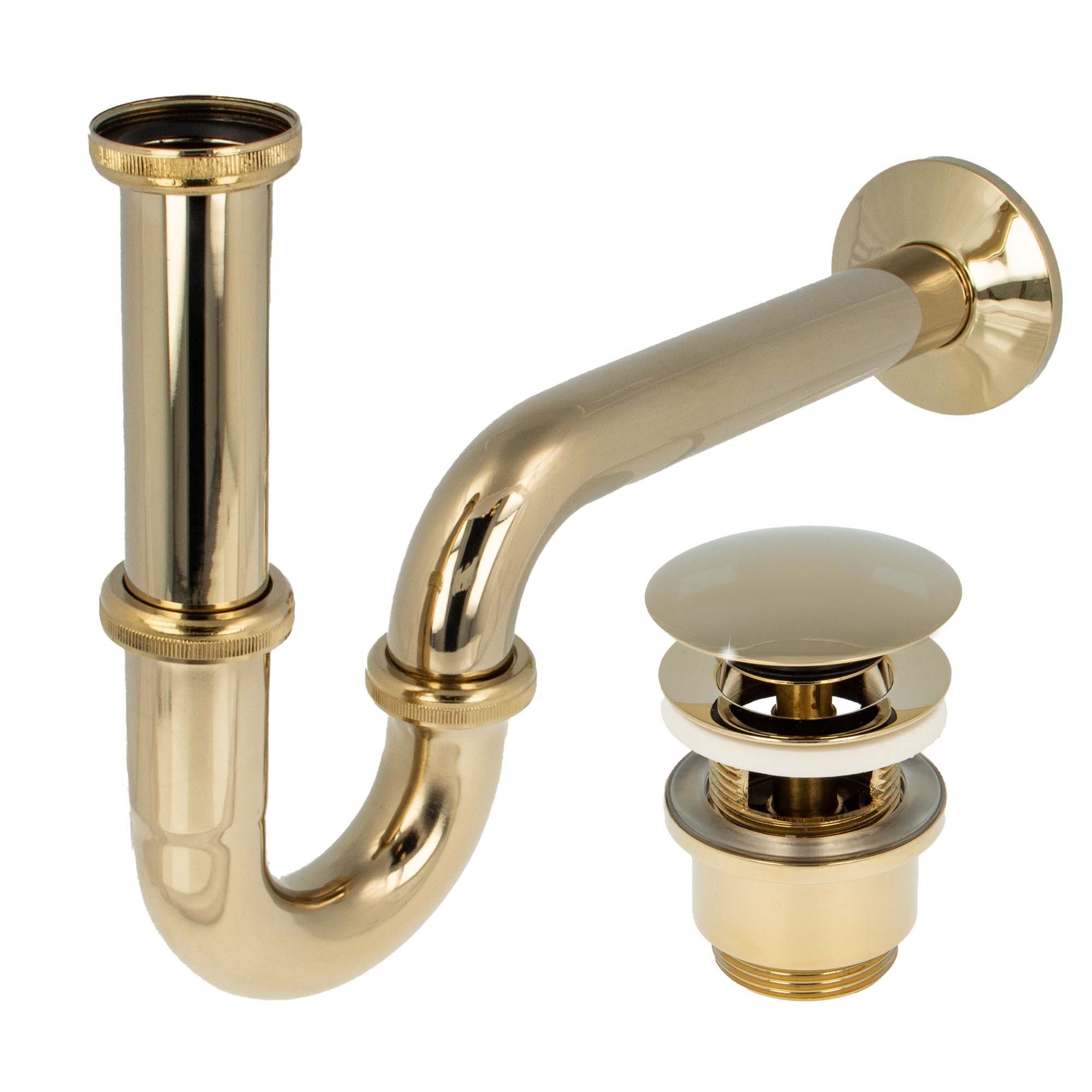 tecuro Siphon Siphon extra lang mit Pop Up Ablaufventil vergoldet, (Ablaufventil und Röhrensiphon)