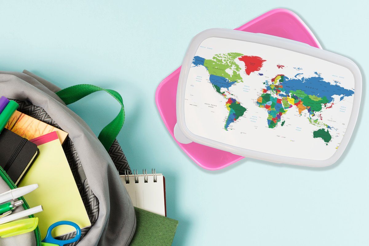 MuchoWow Lunchbox Weltkarte Brotdose Jungen Kunststoff - Farben Topographie (2-tlg), - Kinder, Mädchen, Kunststoff, Erwachsene, für rosa - Mädchen, Snackbox, Brotbox Kinder - 