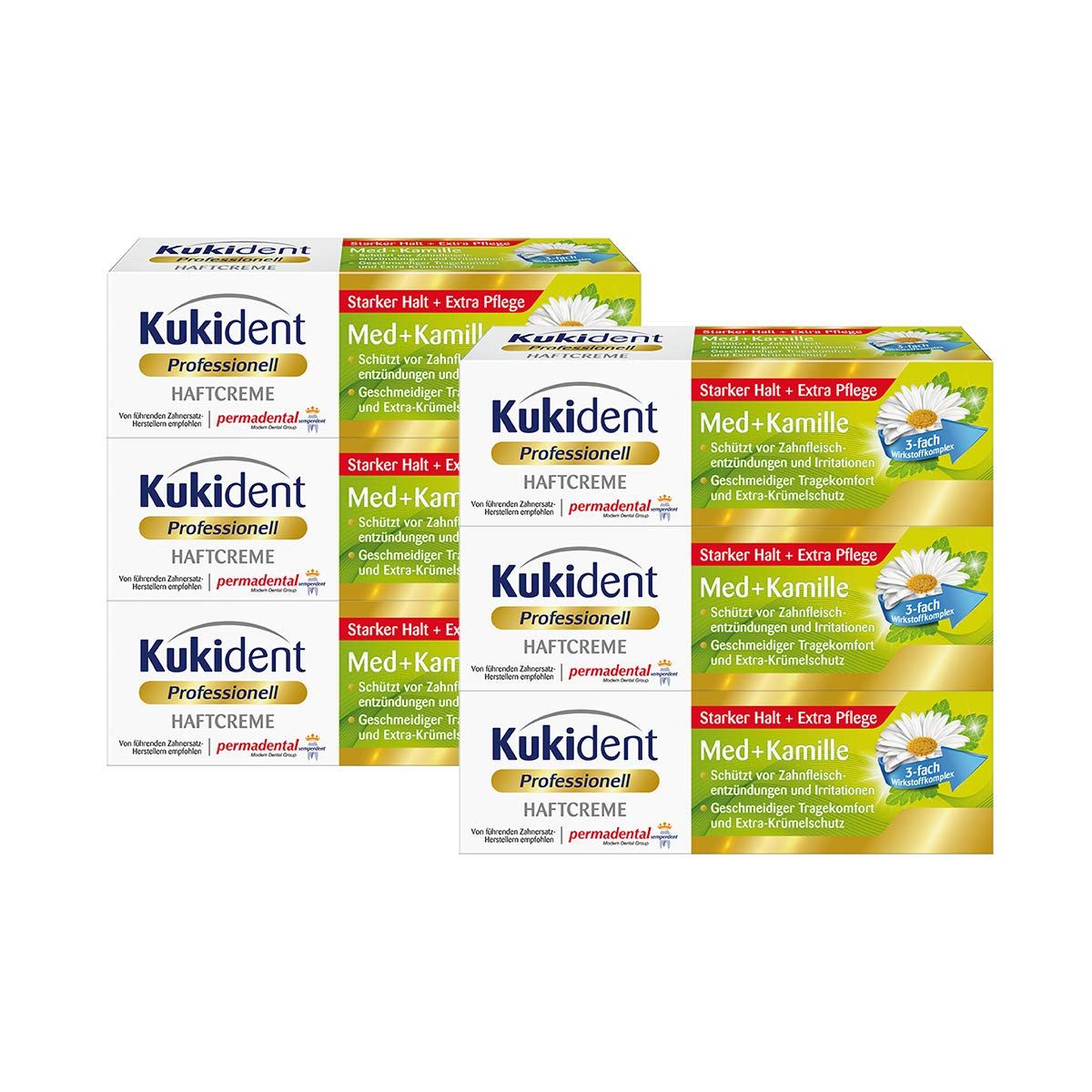 Kukident Zahnpflege-Set Haftcreme Med+Kamille Zahnreiniger (6 x 40 g), Spar-Pack, 6-tlg., Starker Halt & Extra Pflege