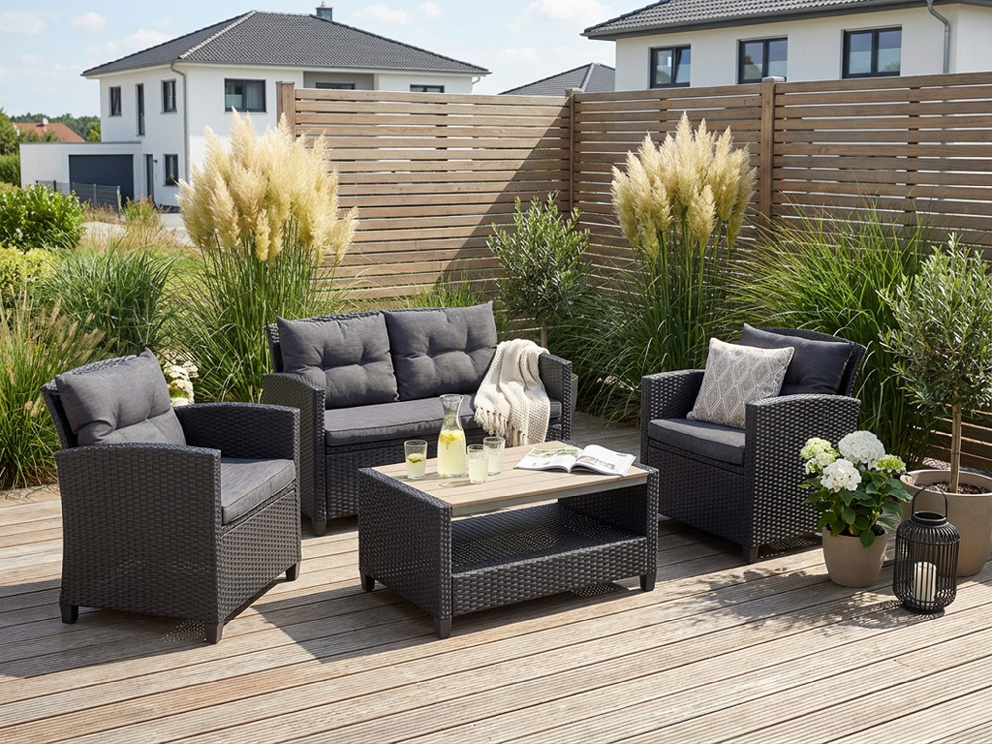 KONIFERA Gartenlounge-Set St. Tropez, (Set, 11-tlg., 1x2er Sofa, 2x Sessel,1x Tisch 90x55x42,5cm, inkl. Auflagen), Polyrattan, Stahl, Ablage unter dem Tisch, Balkonset, Loungeset