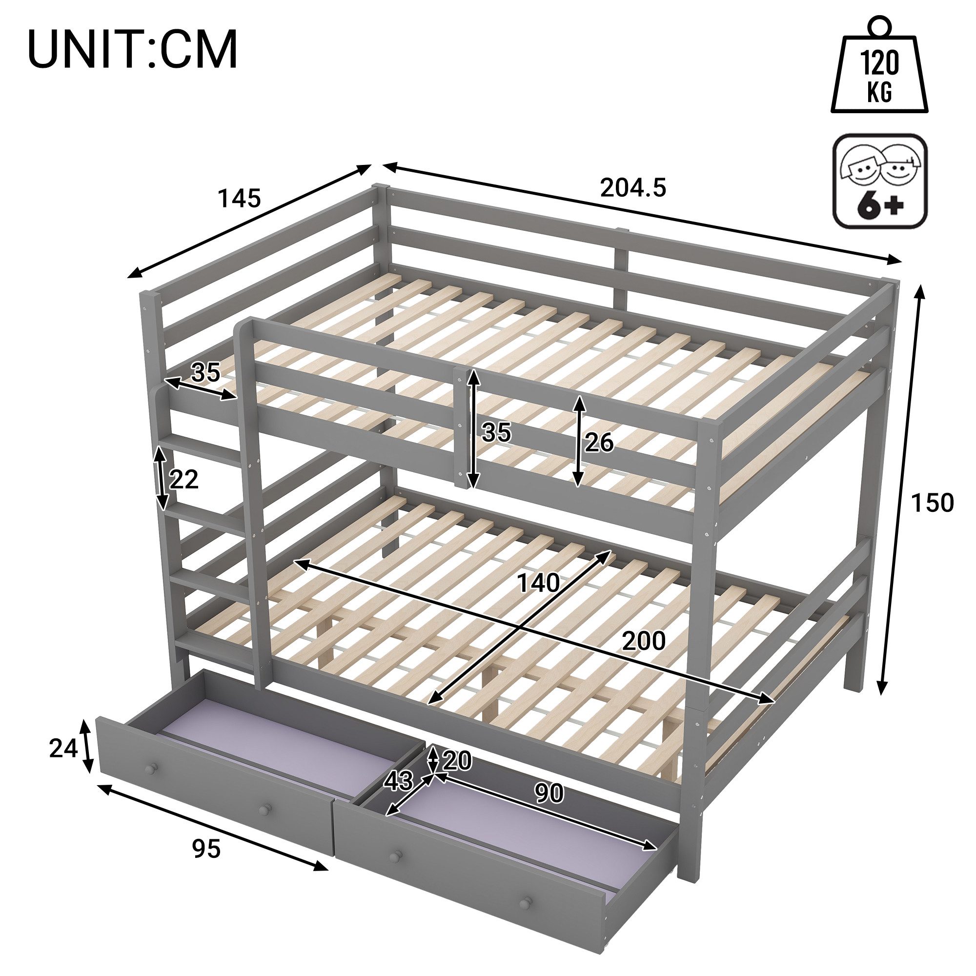 Ulife Etagenbett mit 2 Schubladen, Stauraum und hohen Geländern (1-St., Ohne Matratze), Kinderbett Jugendbett 140x200cm