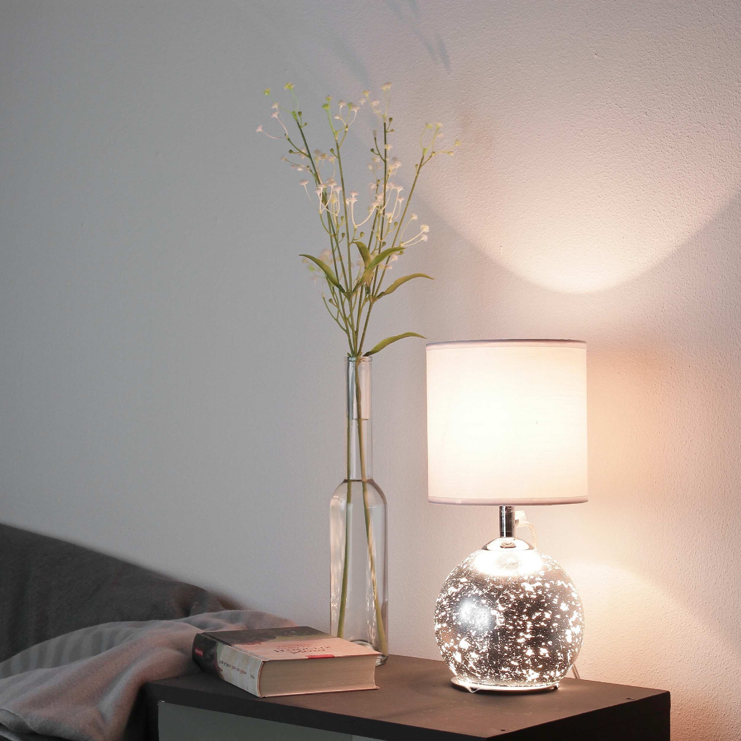 Weiß ohne Korpus Optik Blattsilber G9 Licht-Erlebnisse Stoffschirm Leuchtmittel, Tischlampe CARMEN, Nachttischlampe beleuchteter