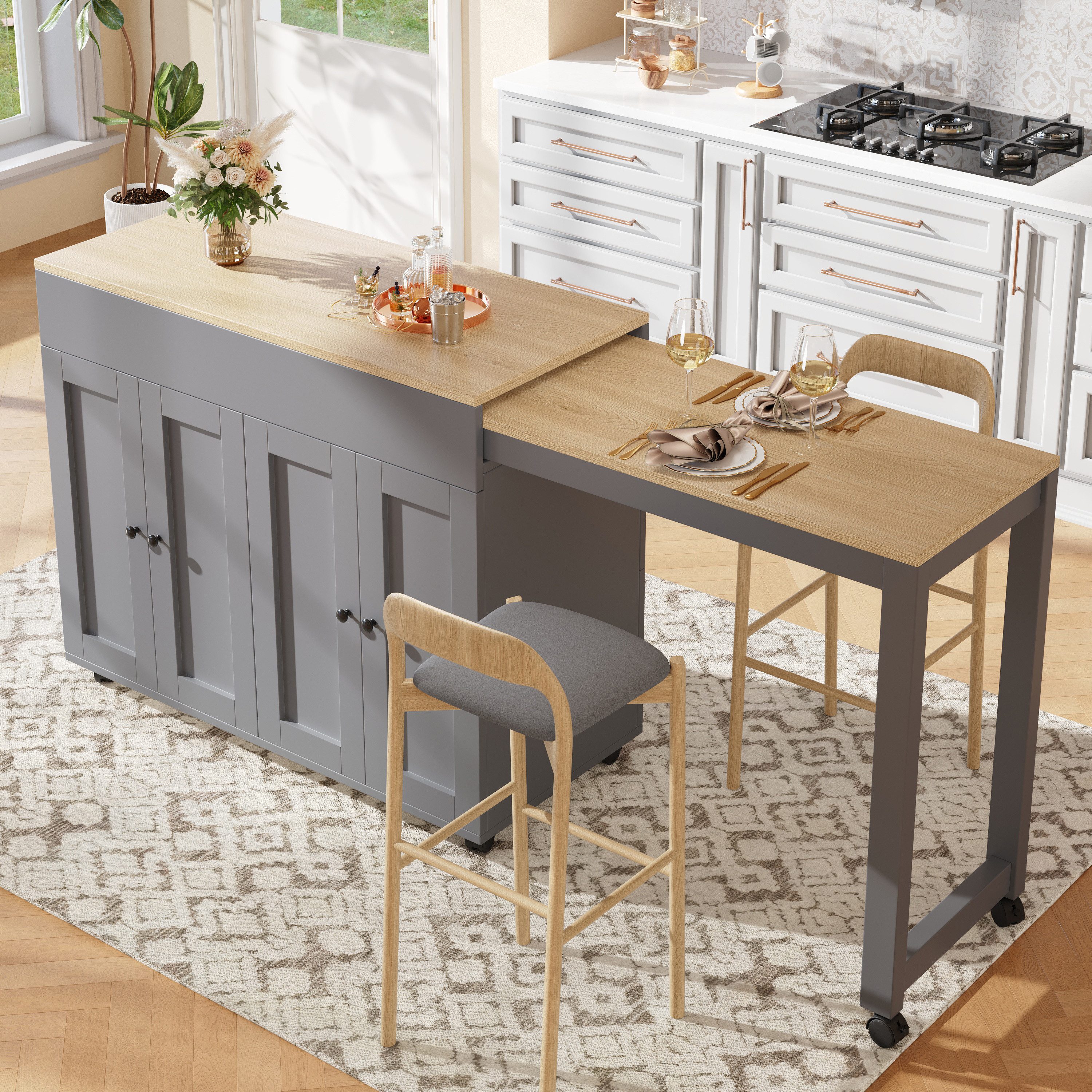 i@home Kücheninsel Ausziehbarer Bartisch, (118–180cm, mit elegantem konkavem Türdesign), Platzsparende bewegliche Kücheninsel mit ausziehbarer Arbeitsfläche