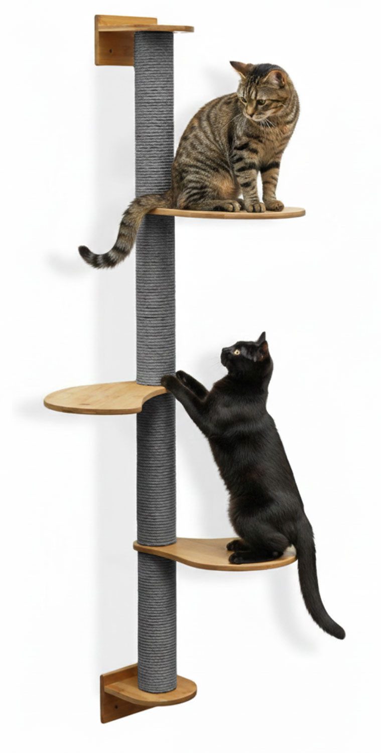 eyepower Kratzbaum zur Wandmontage - 175cm Wandkratzbaum für Katzen mit 3 Bambus Plateaus, Sisalstamm Wand - Katzenkratzbaum platzsparend - Kletterwand Katze
