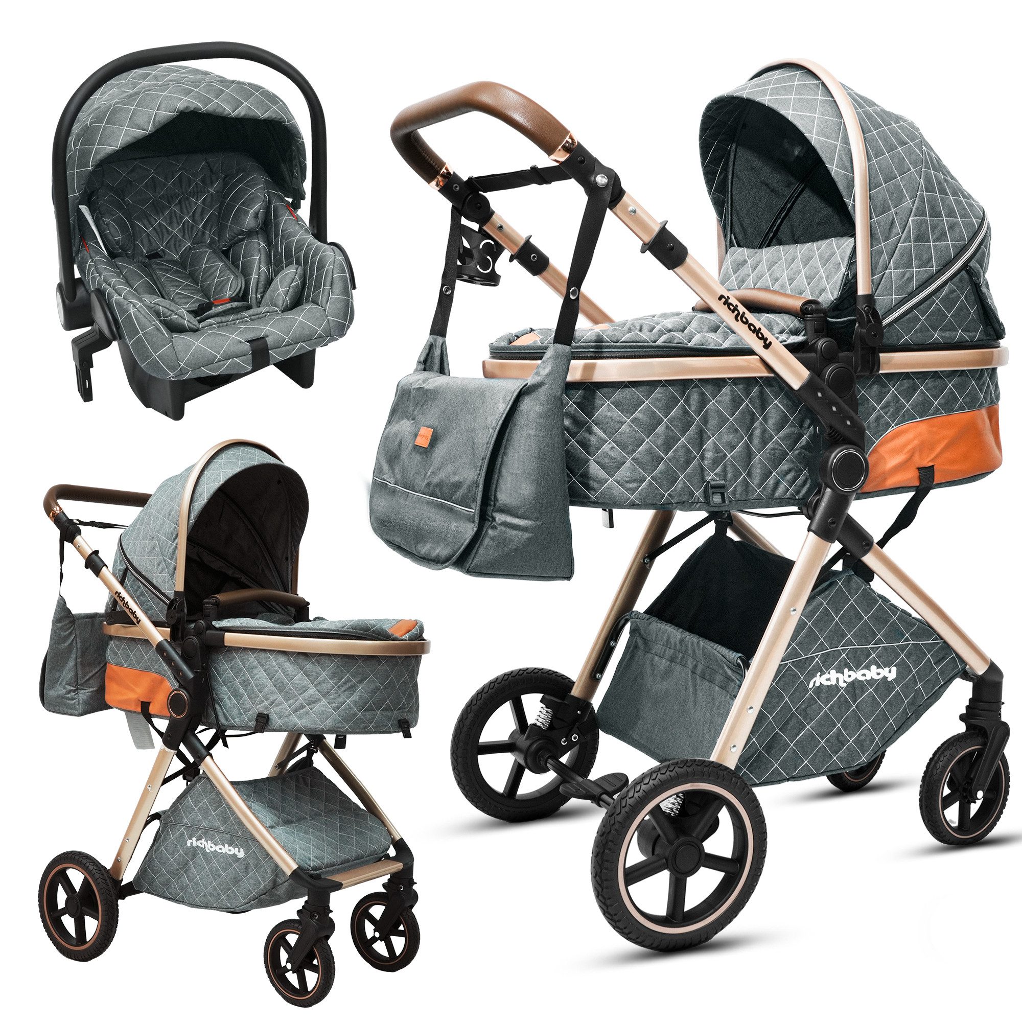 Rich Baby Kombi-Kinderwagen Kombi-Kinderwagen 3-in-1 Set Mit Sportwagen Babywanne & Babyschale, (Verstellbarer Griff + PU-Reifen + Umkehrbarem Liegekorb), Stylischer Buggy Leicht & Kompakt Klappbar Für Stadt & Reise