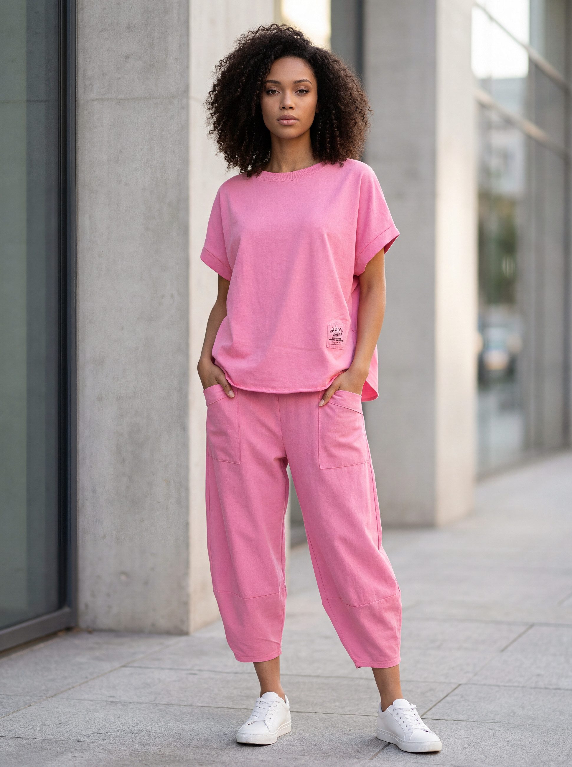 PEKIVESSA Jogginganzug Oversized Kurzarm Sweatanzug Set mit 7/8-Hose (2-tlg), Sweatshirt & Sweatpants 2-tlg. – Bild 5 von 5