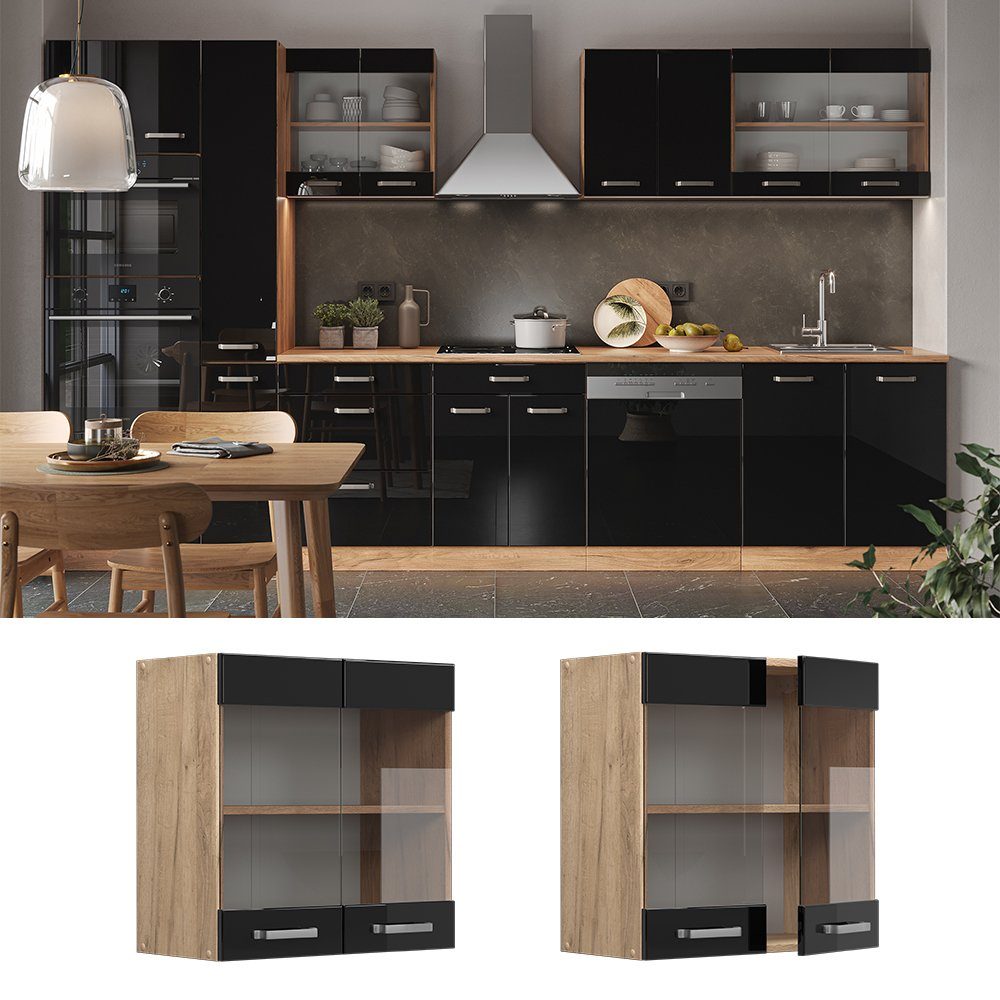 Vicco Glashängeschrank R-Line, Schwarz Hochglanz/Goldkraft Eiche, günstig online kaufen