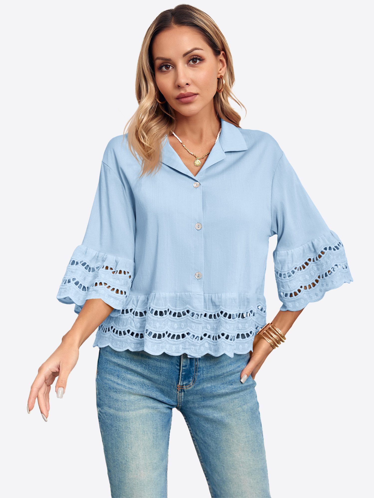 Imily Bela Blusenshirt Damen Button Down Hemden mit 3/4-Glockenärmeln (Packung, 1-tlg., 1per-Pack) Durchbrochener Rüschenrand