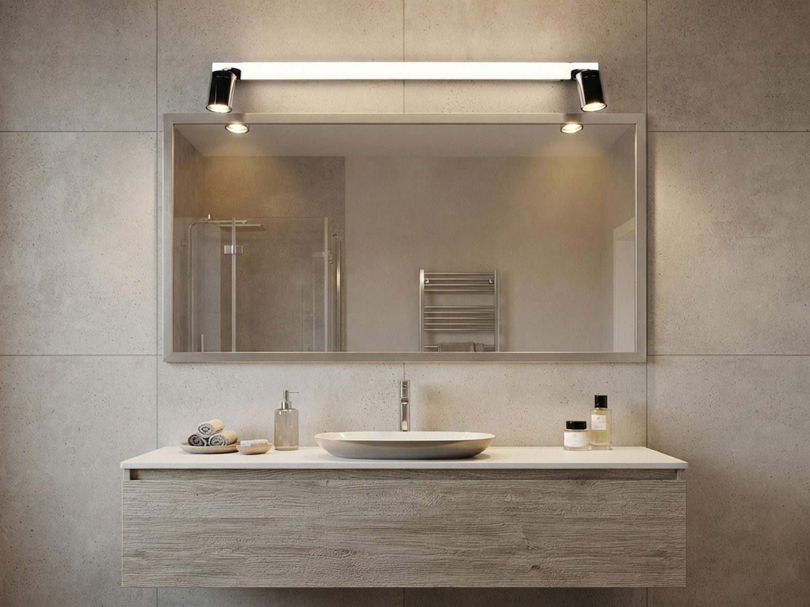 TRIO Leuchten LED Spiegelleuchte mit Schalter & 2 Strahlern, Breite 90cm, Memoryfunktion, LED fest integriert, LED wechselbar, Neutralweiß, Warmweiß, Badezimmer – Bild 2 von 5