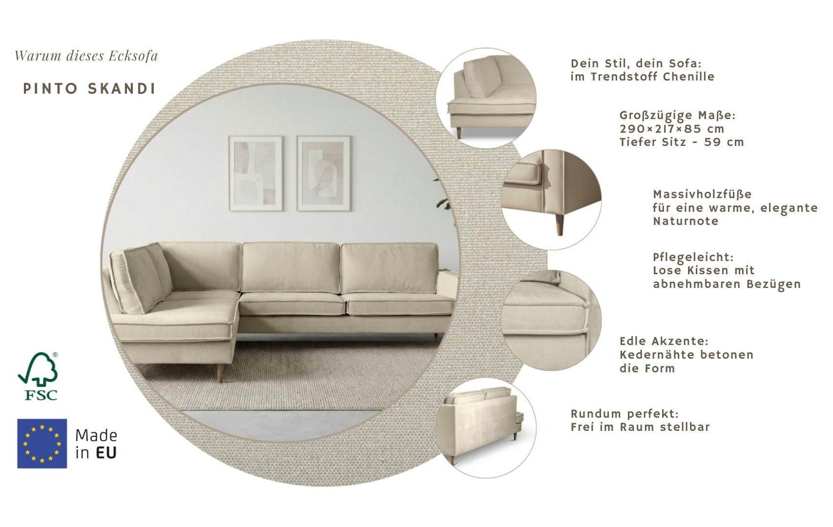 Home affaire Ecksofa Pinto Skandi, 290 cm, Chenille, Struktur, Ottomane links / rechts, mit Keder, Massivholzfüße Eiche geräuchert, Wellenunterfederung