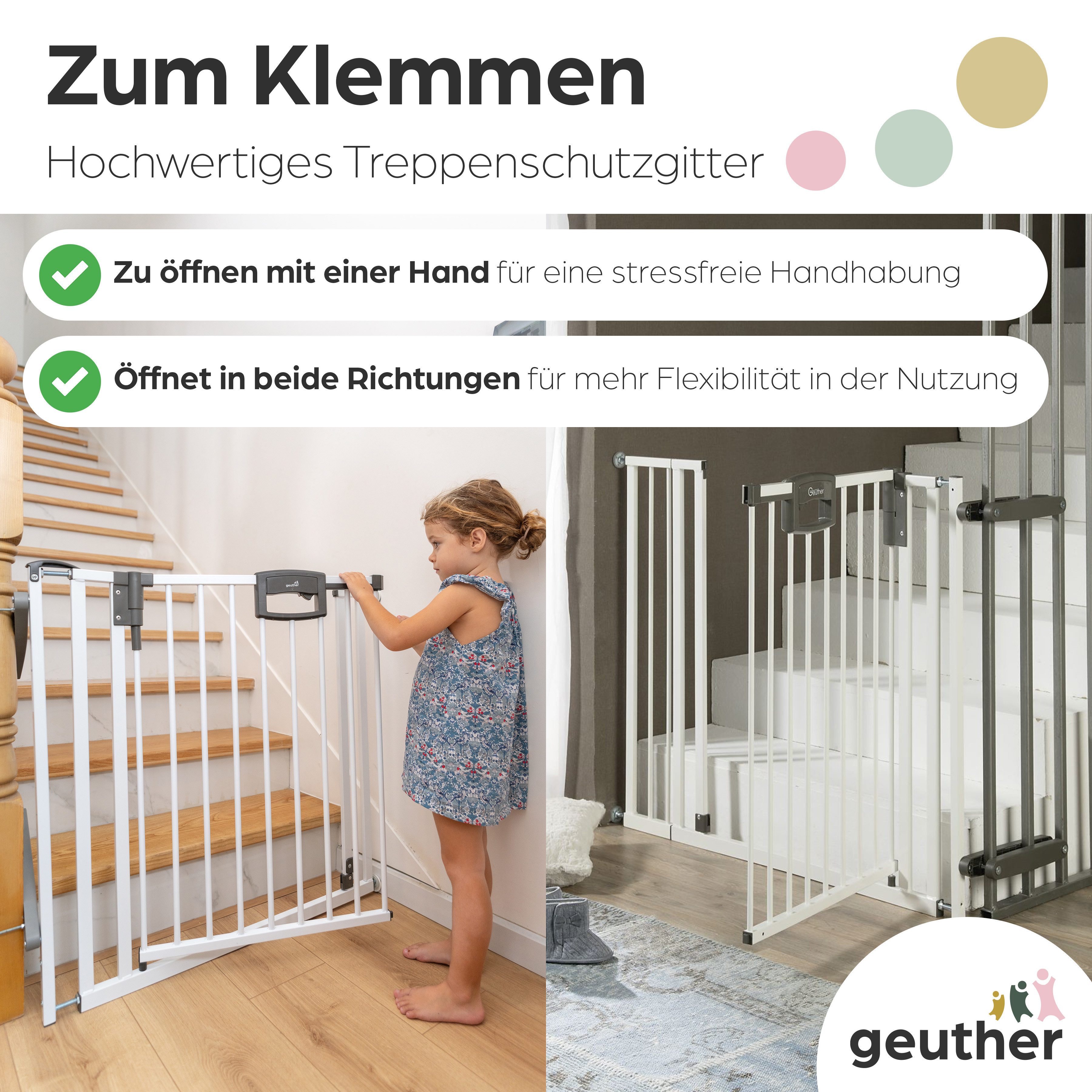 Geuther Türschutzgitter Treppenschutzgitter Easylock 84,5-92,5 cm in Weiß mit Zusatzklemmen, Treppenschutzgitter zum Klemmen - inkl. Türstopper