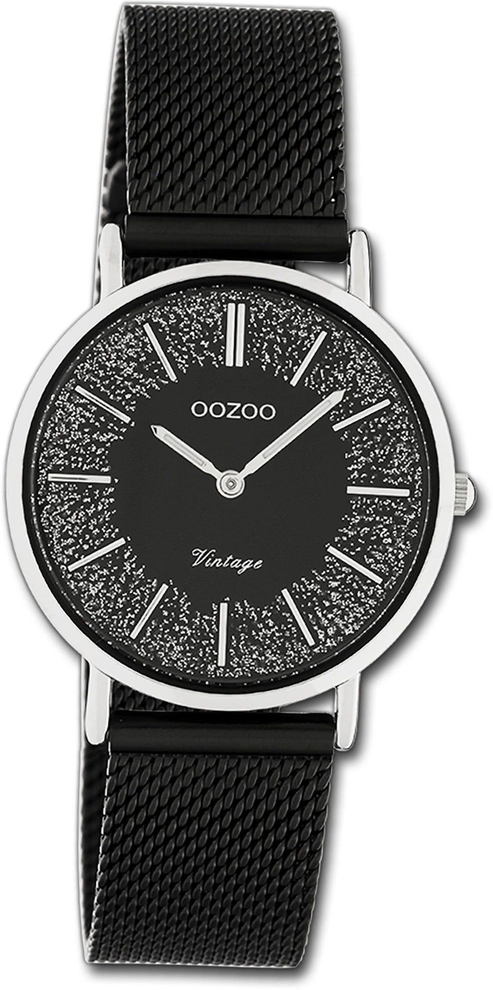OOZOO Quarzuhr Oozoo Damen Armbanduhr Ultra Slim, Damenuhr Edelstahlarmband schwarz, rundes Gehäuse, mittel (ca. 32mm)