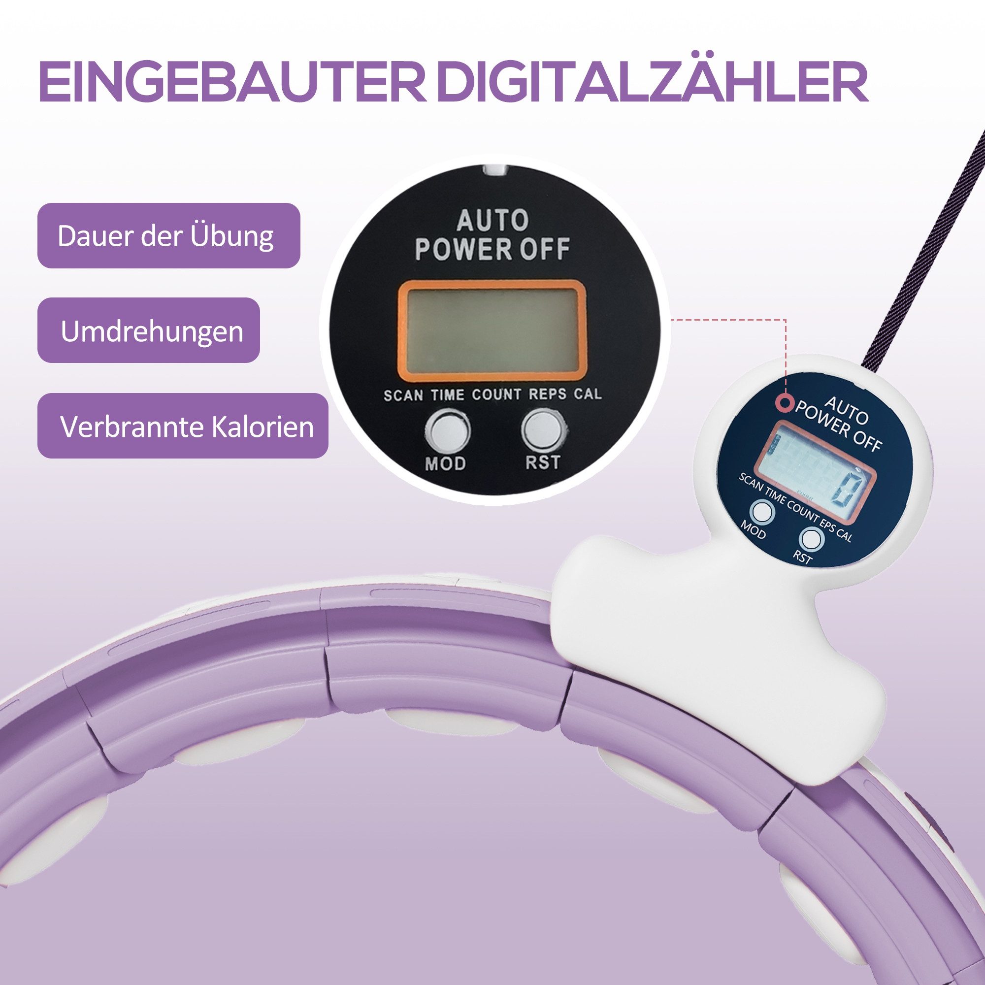 SPORTNOW Hula-Hoop-Reifen mit Gewicht Kugel, Zähler, 16 Knoten (76-113cm) (einstellbar Fitness leise Abnehmen Ausrüstung, 1-tlg., Fitnessgerät), für Gewichtsverlust, Fitness Violett